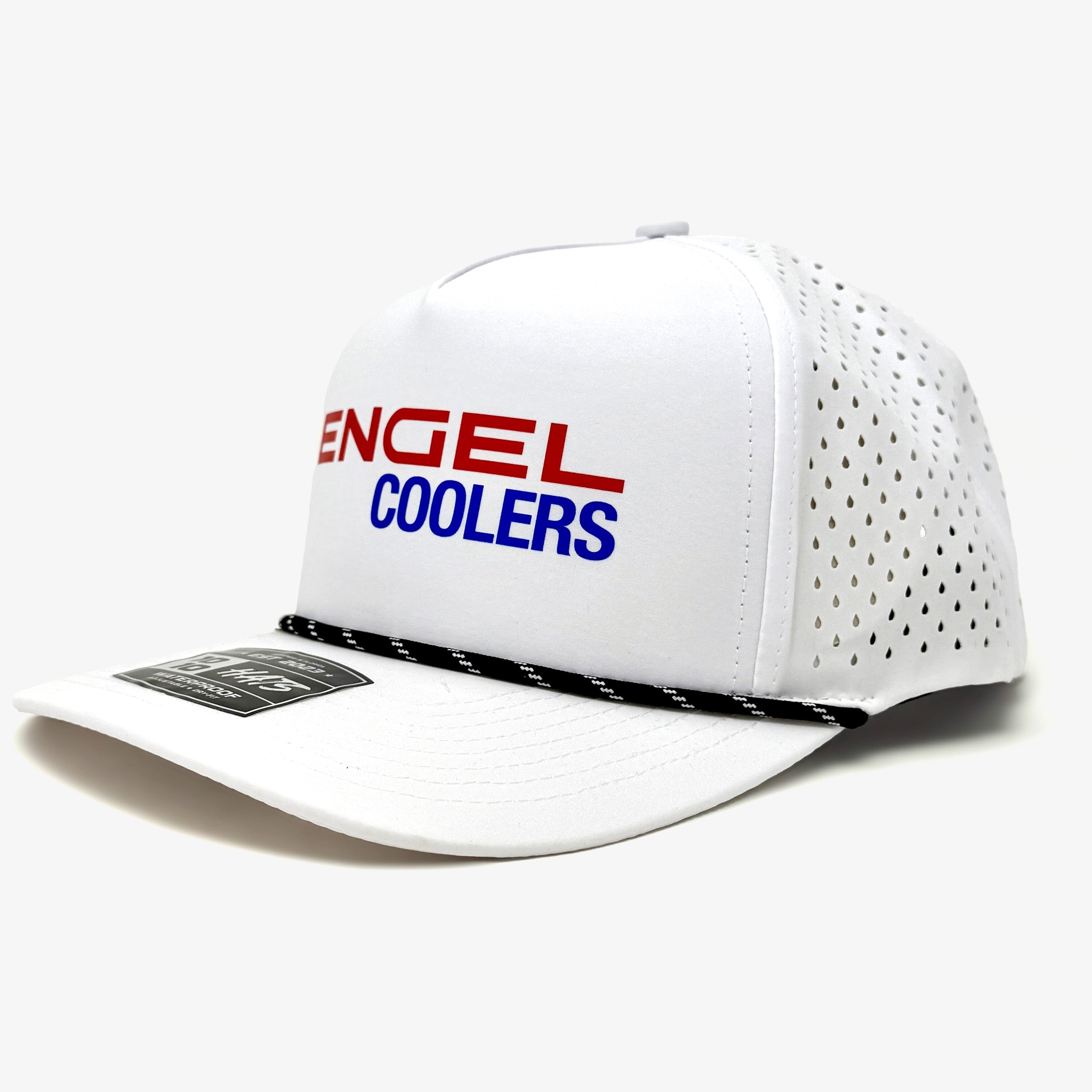 The Engel Coolers 1010 Performance Trucker Cap by Engel Coolers is white with "ENGEL COOLERS" in red and blue on the front, breathable perforated side panels, and a black and white rope across the brim.
