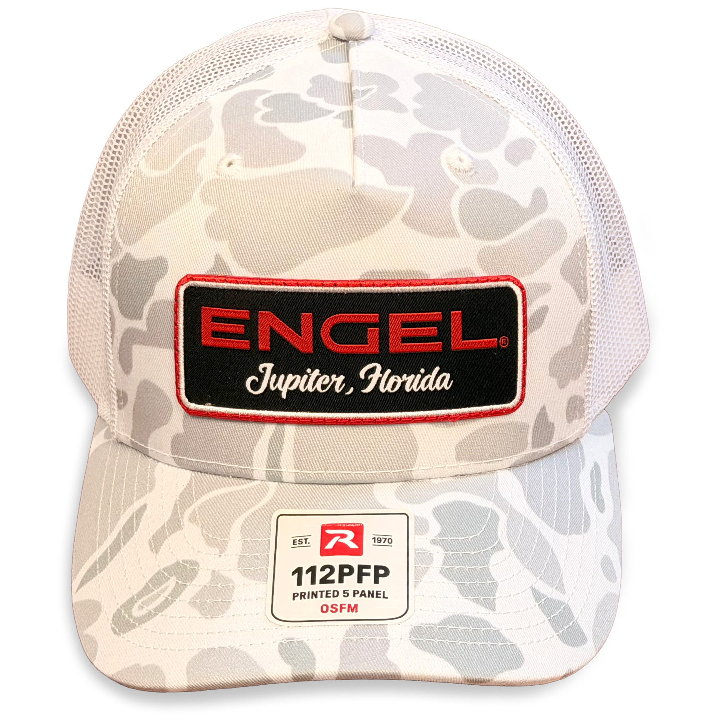 Introducing the Engel Blizzard Duck Camo Cap: this Richardson® 112 Trucker Cap features a white mesh back, gray duck camo pattern, a bold red and black Engel patch that reads "ENGEL Jupiter, Florida," an official 112PFP sticker on the brim, and an adjustable snapback closure for the perfect fit.