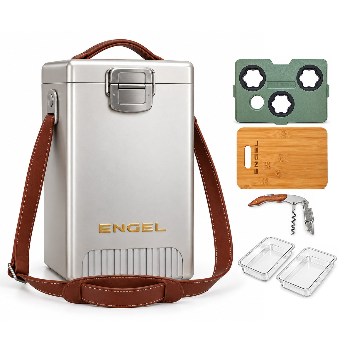 Engel Reserve Premium Wine Cooler, a vertical silver metal insulated cooler with a brown leather shoulder strap, green lid insert, wooden cutting board, wine opener, and two clear rectangular containers.