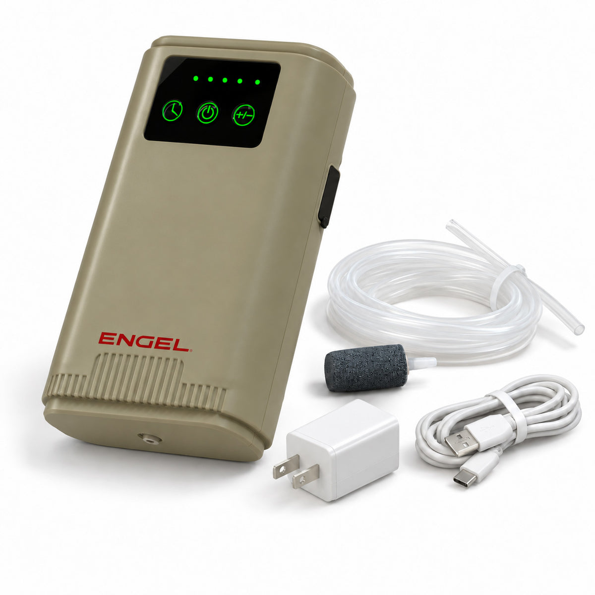 Tan Engel Lithium-ion Rechargeable Live Bait Aerator Pump shown with an air hose, an air stone, a USB charging cable, and a wall adapter.