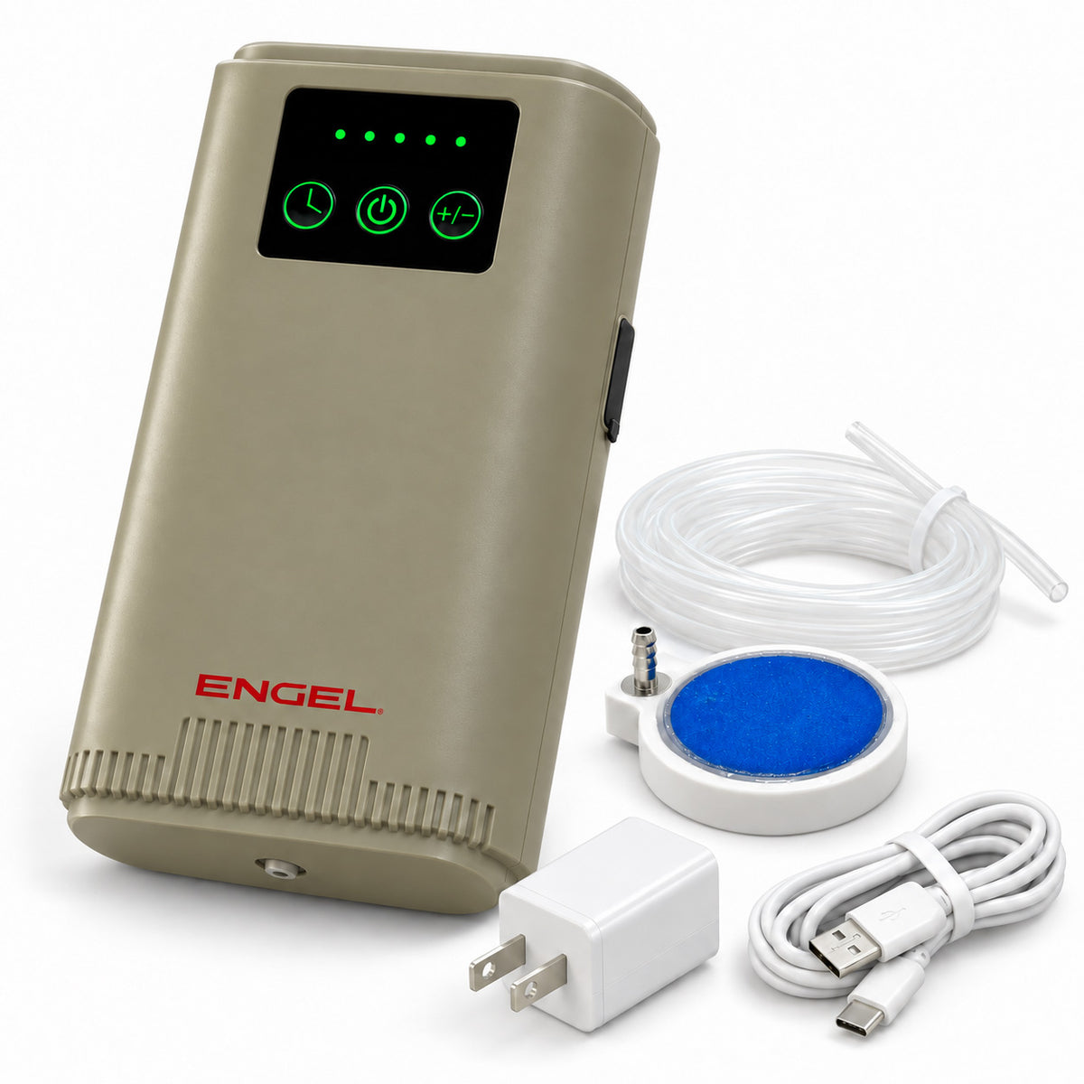 Engel Extra Large Lithium-ion Rechargeable Live Bait Aerator Pump with a tan casing, digital touch controls, clear tubing, a blue air stone, and a USB charging cable with a wall adapter.