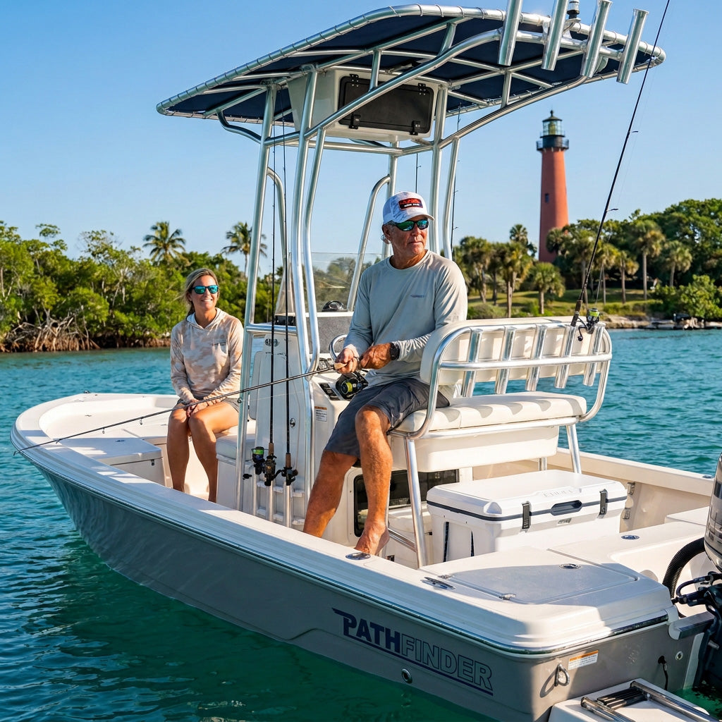 Two people sit on a small fishing boat named Pathfinder on the water near a shoreline with trees and a tall lighthouse in the background. One of them is wearing an Engel Blizzard Duck Camo Camo with Engel Patch Richardson® 112 Trucker Cap, while the other sports a fishing hat.