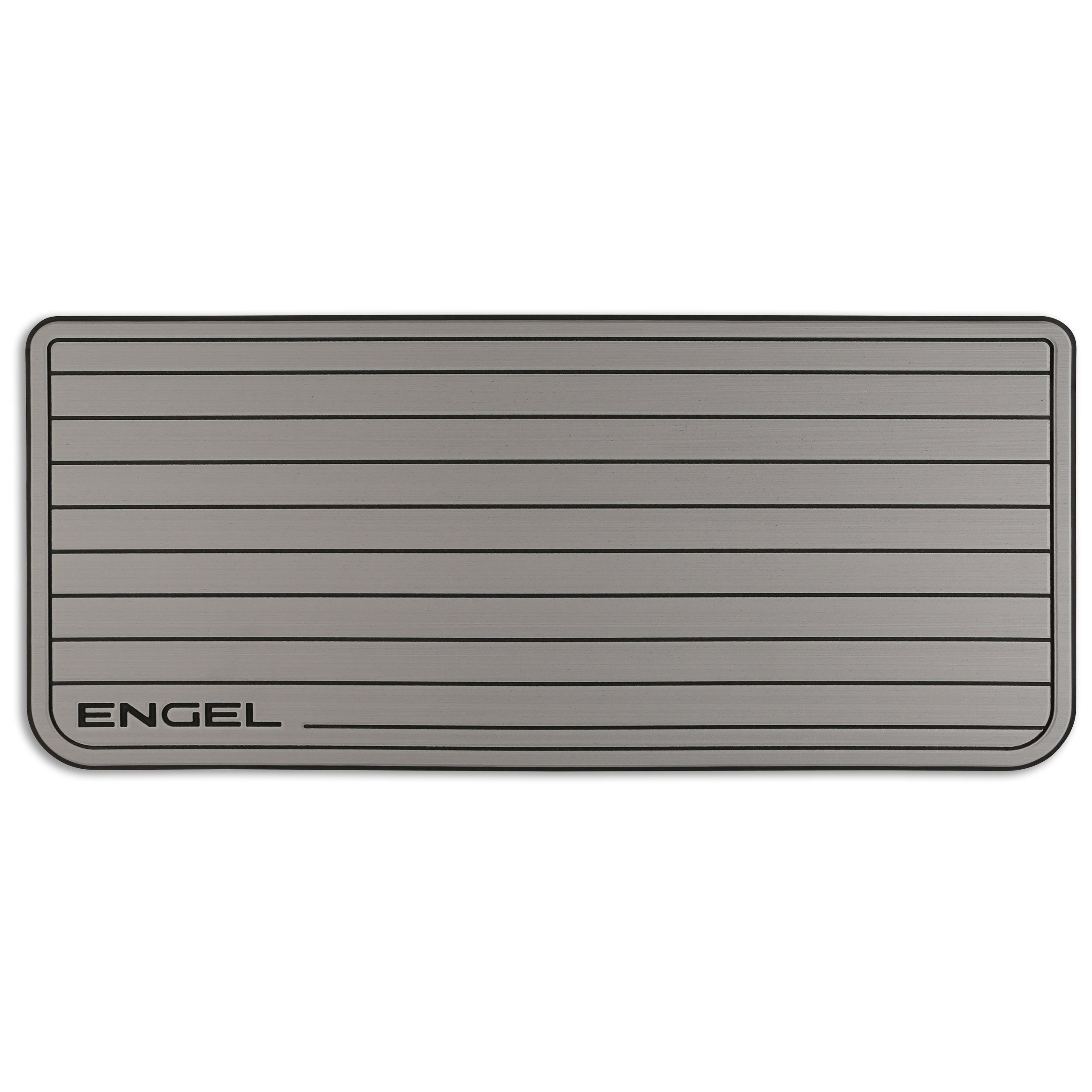 A gray Engel Coolers SeaDek® Grey Teak Pattern Non-Slip Marine Cooler Topper with the word engel on it, ideal for marine environments.