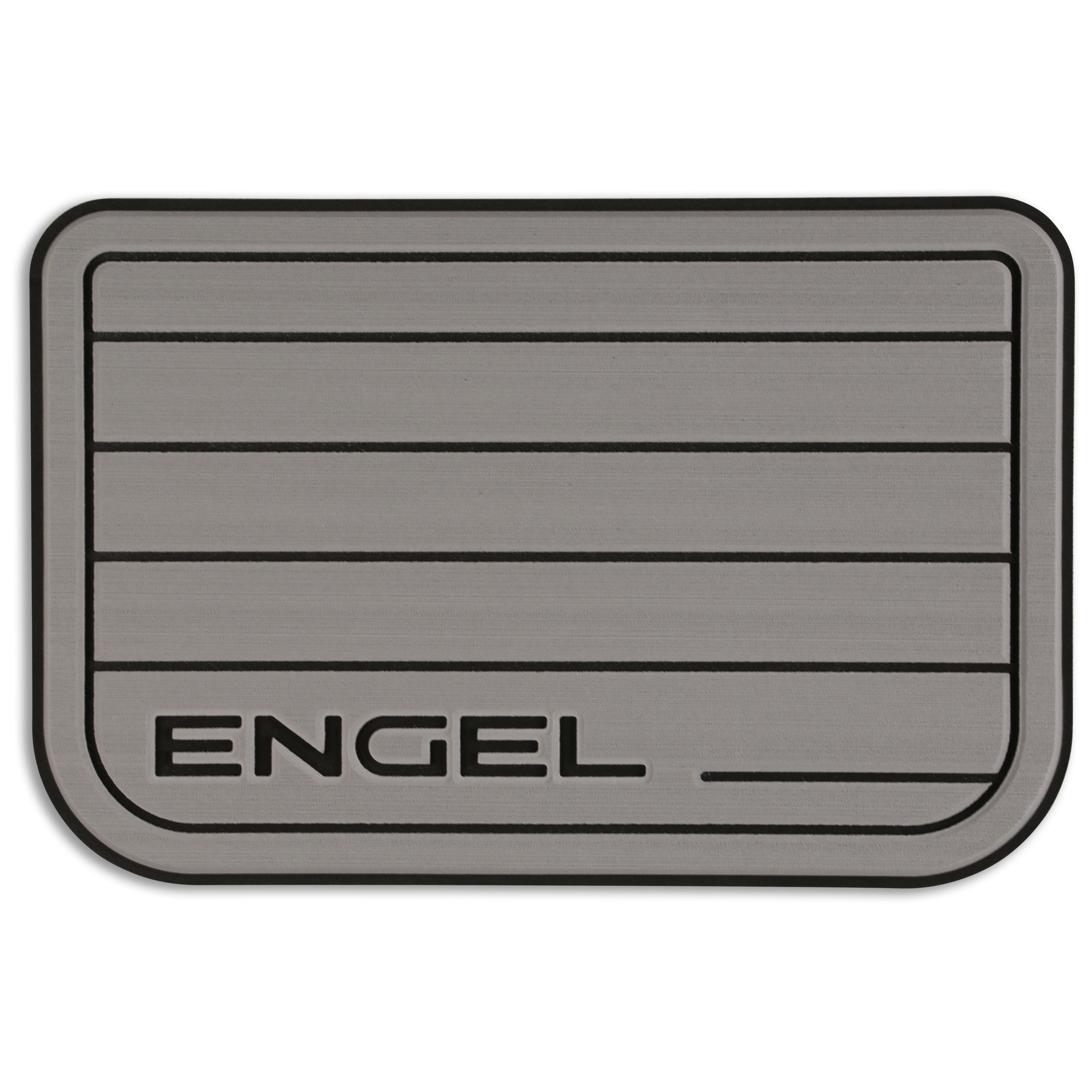 A gray Engel Coolers SeaDek® Grey Teak Pattern Non-Slip Marine Cooler Topper with the word engel on it, designed for marine environments.