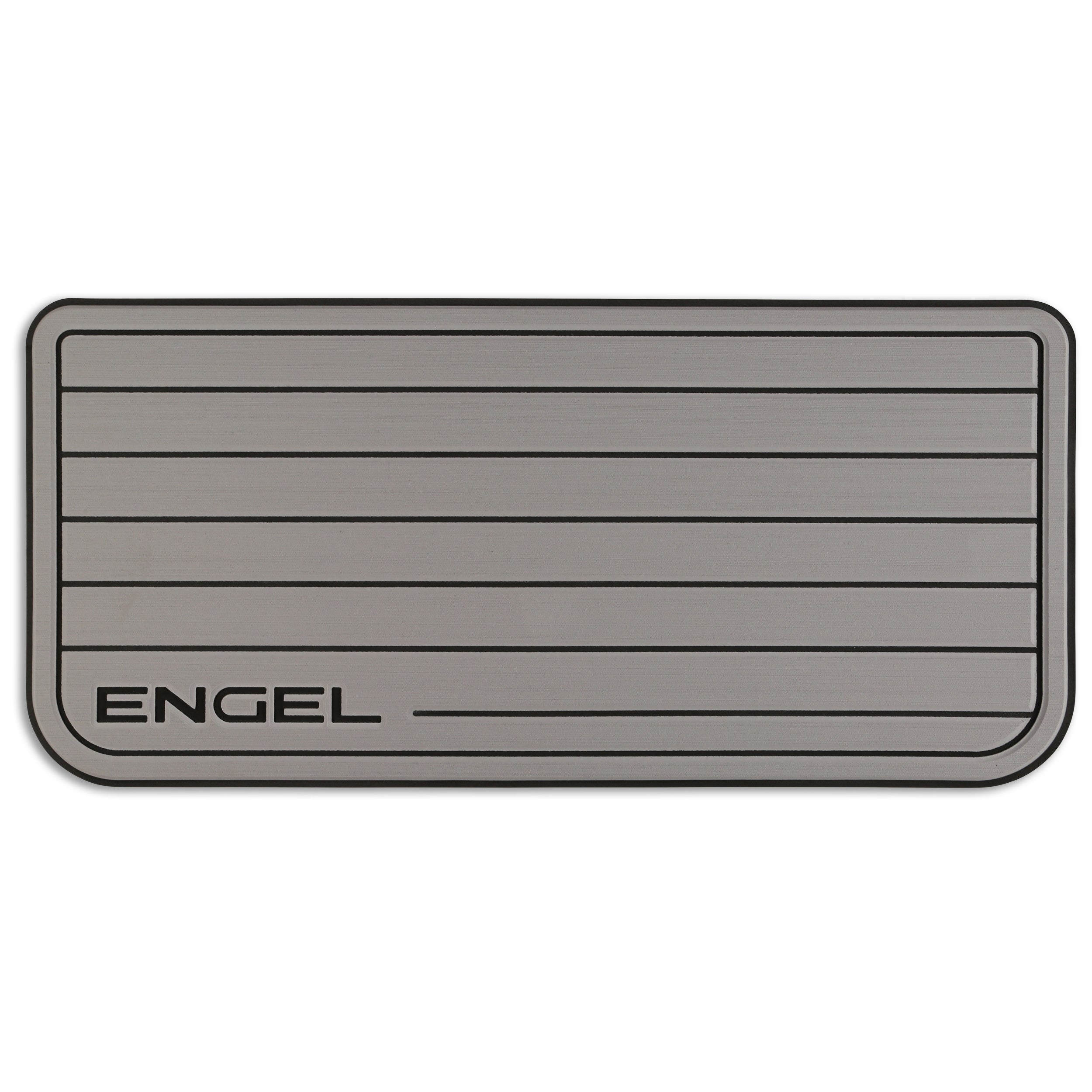 A SeaDek® Grey Teak Pattern Non-Slip Marine Cooler Topper with the word Engel on it, designed for marine environments.