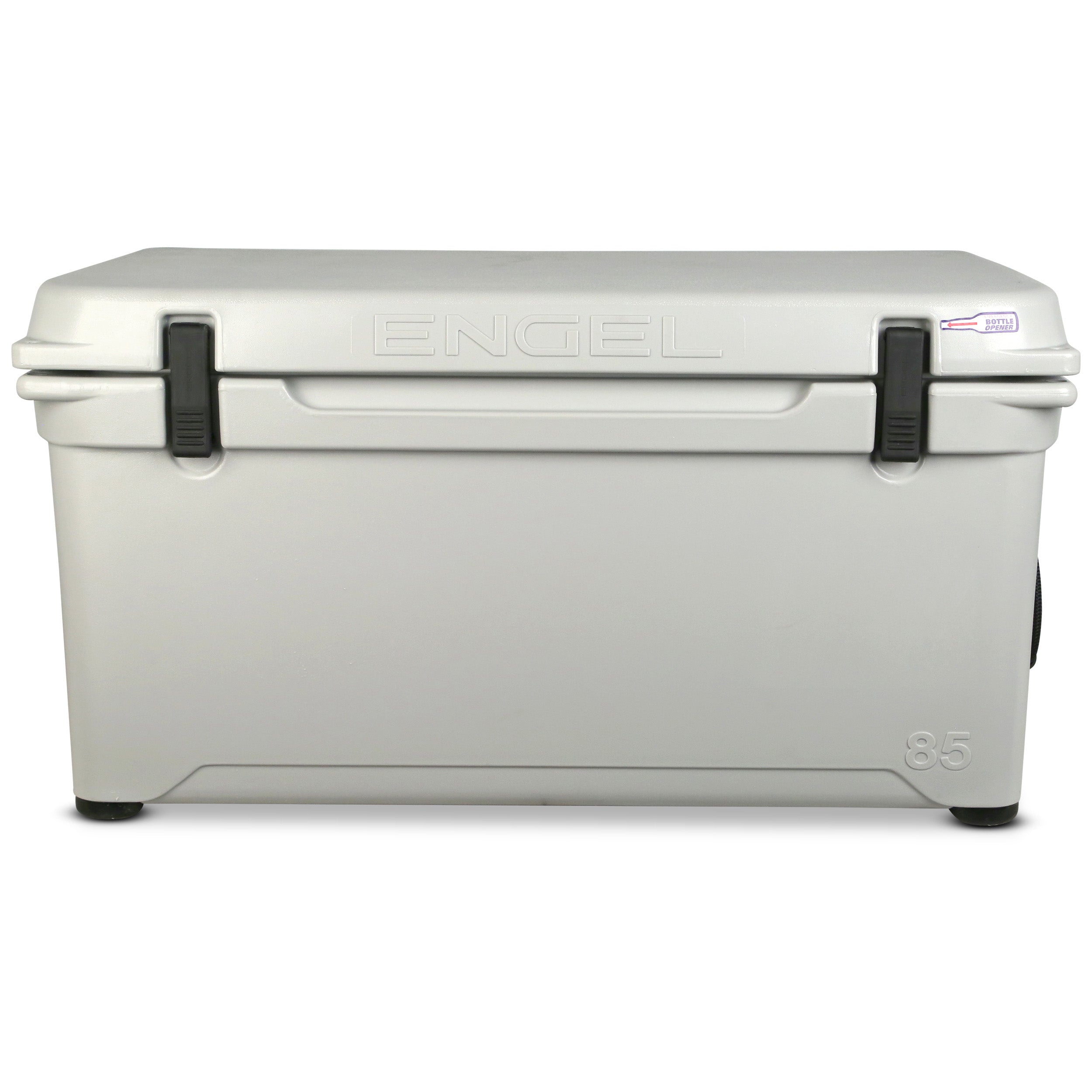 The Engel 85 High Performance Hard Cooler by Engel Coolers, a large white roto-molded ice box, includes a lid, two black front latches, and the number 85 embossed on the lower right corner for superior ice retention during your adventures.