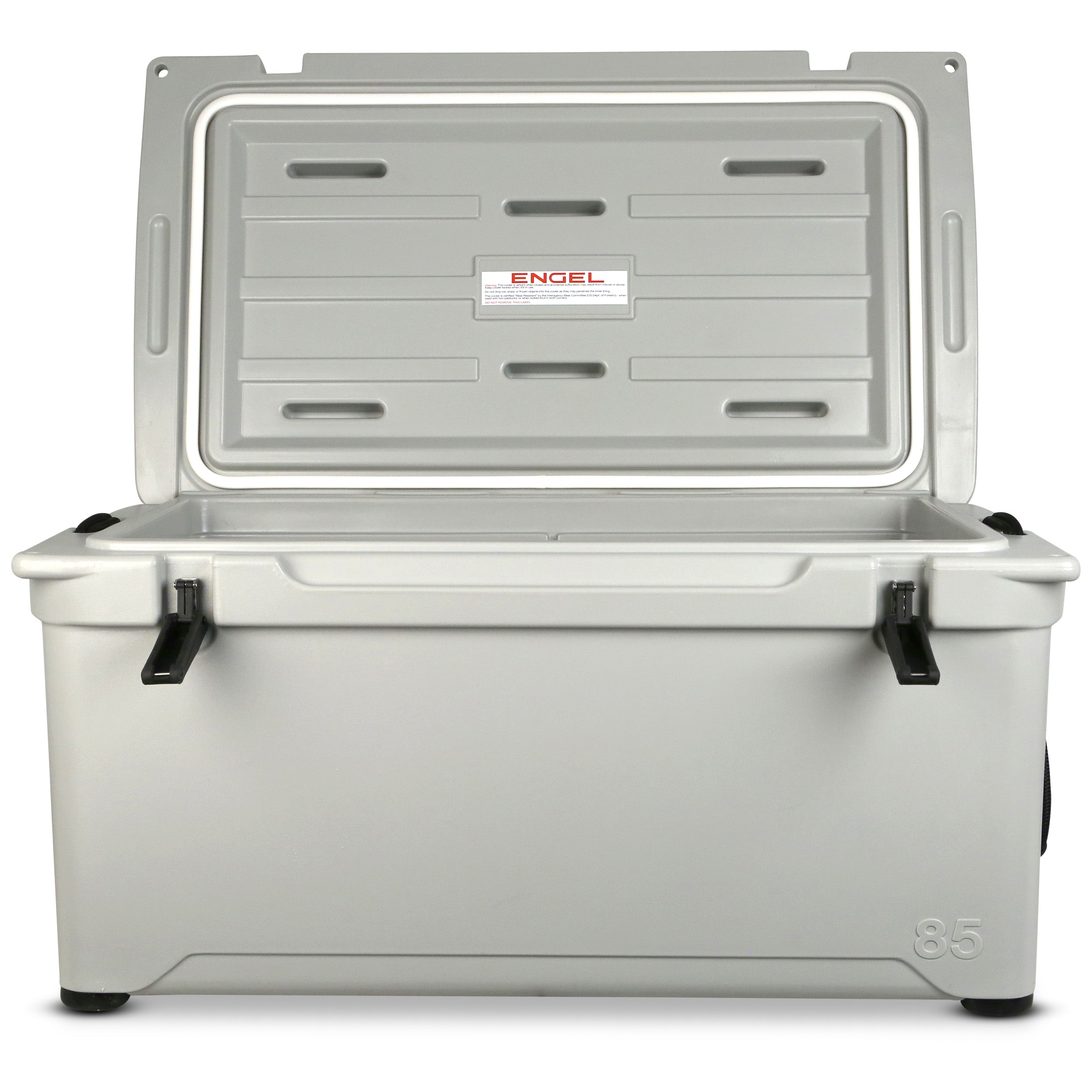 The Engel 85 High Performance Hard Cooler from Engel Coolers is a large, gray roto-molded ice box with an open lid revealing a spacious interior and black side handles. Perfect for outdoor adventures, it ensures exceptional ice retention.