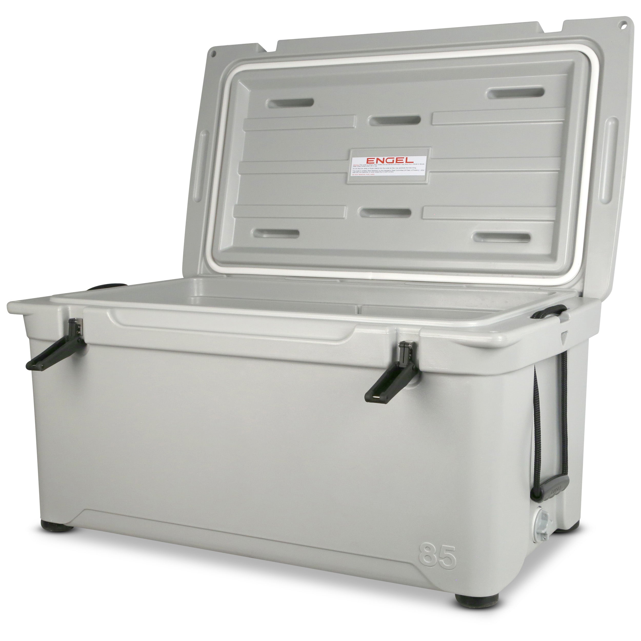 An Engel 85 High Performance Hard Cooler by Engel Coolers, renowned for its ice retention, stands open with an empty interior. This gray roto-molded cooler boasts strong side handles and front latches, with "85" marked on the bottom corner.