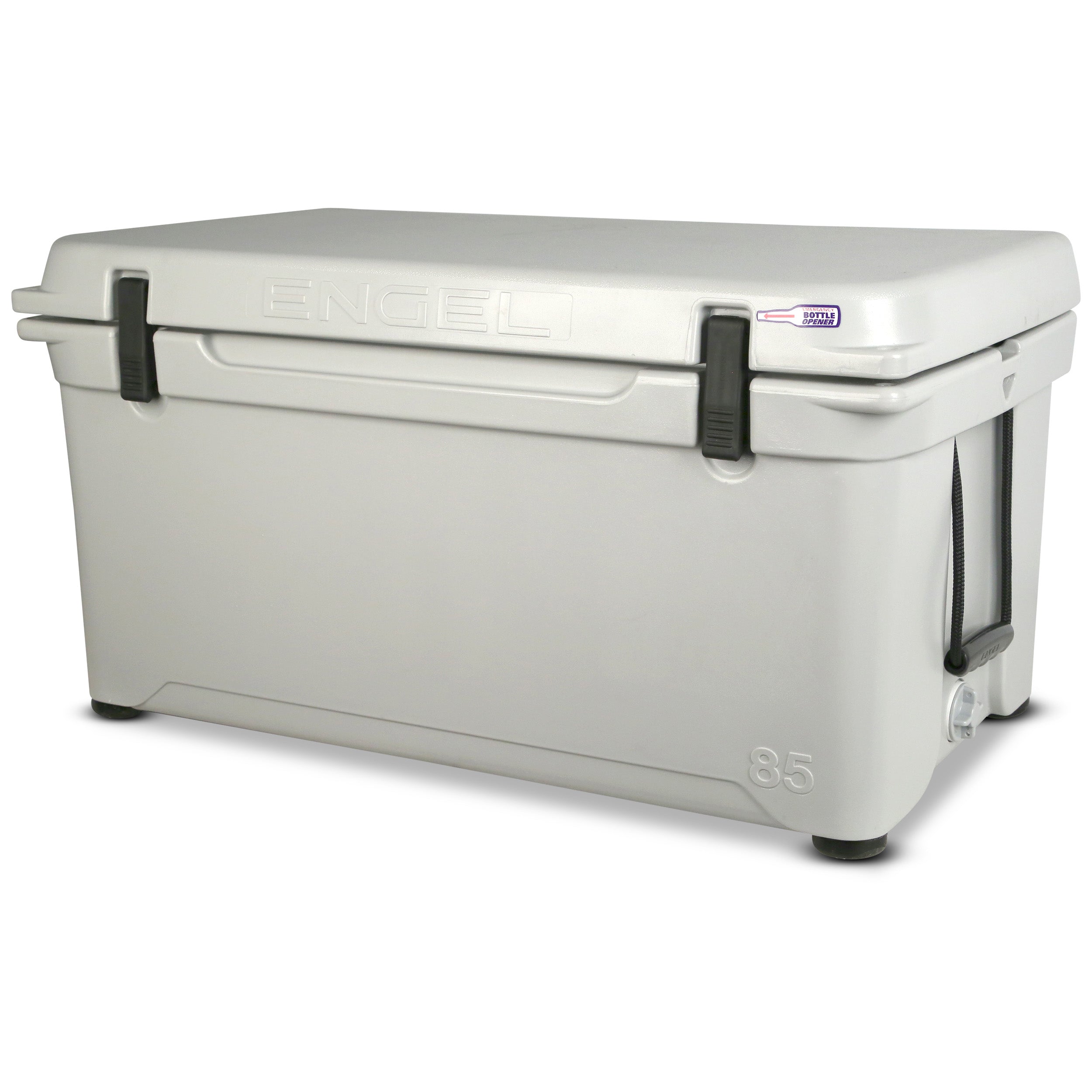 The Engel 85 High Performance Hard Cooler and Ice Box by Engel Coolers is renowned for its ice retention, featuring a hinged lid, side handles, and front latches. This roto-molded cooler efficiently keeps items cold.