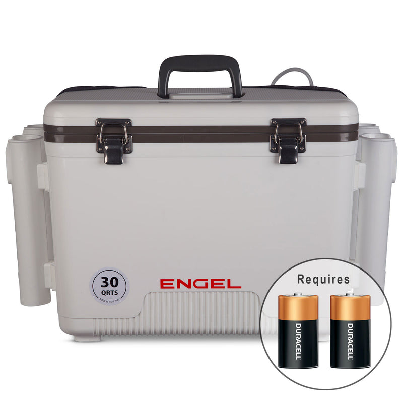 Engel Durable 30 Quart Live Bait Dry Box and Cooler with Rod Holders, White