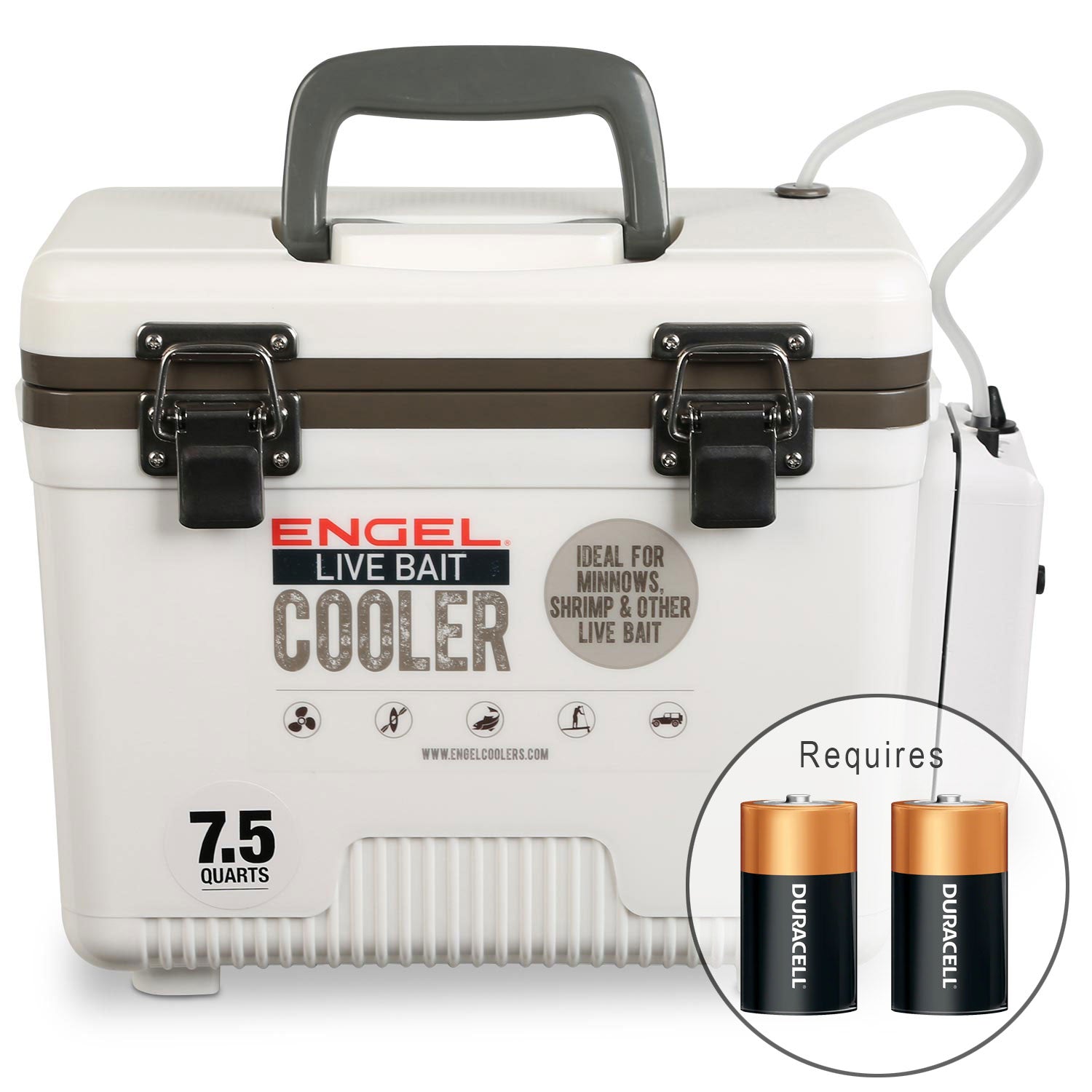 An Original 7.5 Quart Live Bait Drybox/Cooler by Engel Coolers with batteries next to it.