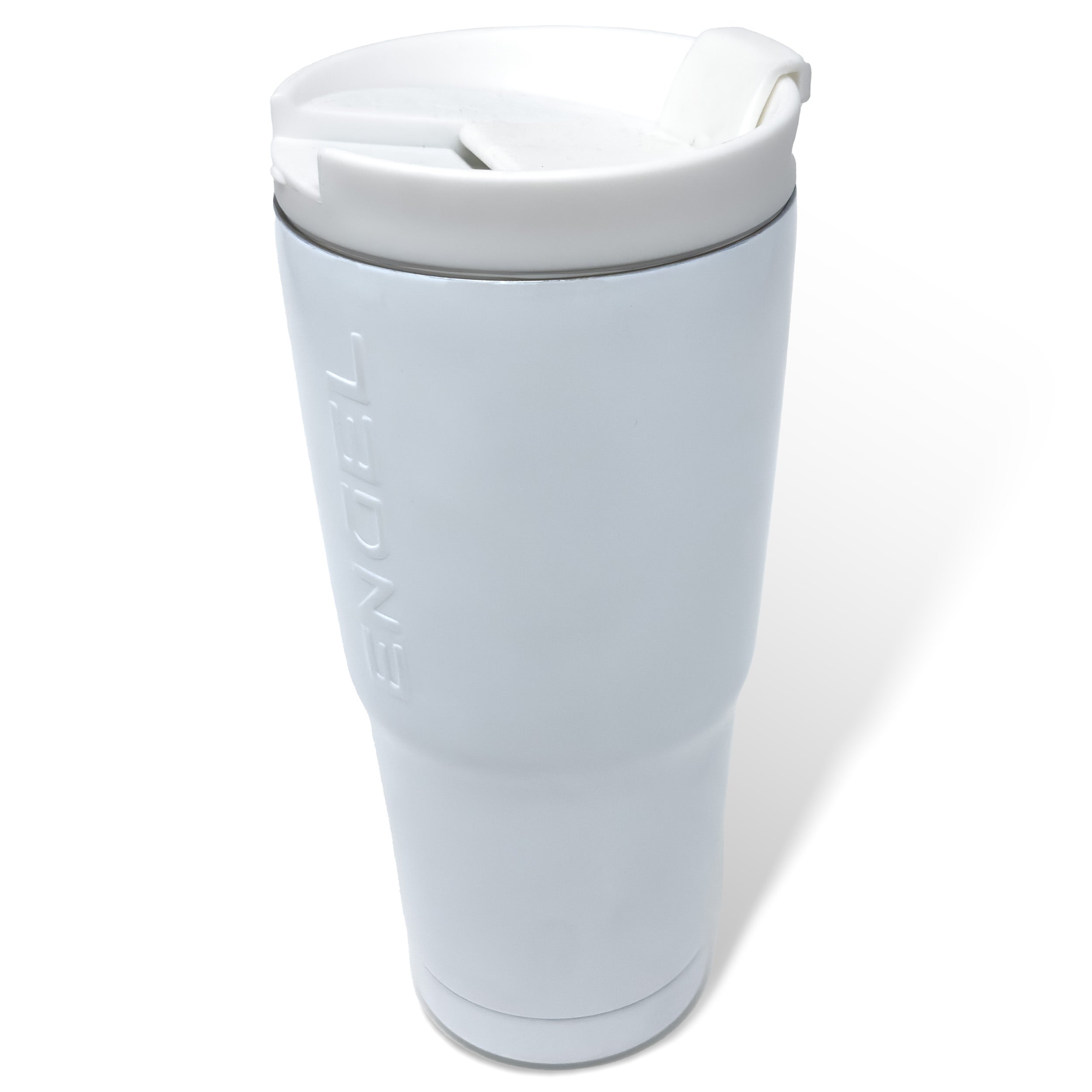 The Engel Coolers 22oz Stainless Steel Vacuum Insulated Tumbler from the Color Collection is a white travel mug with a closed lid and an embossed brand logo on its stainless steel side.