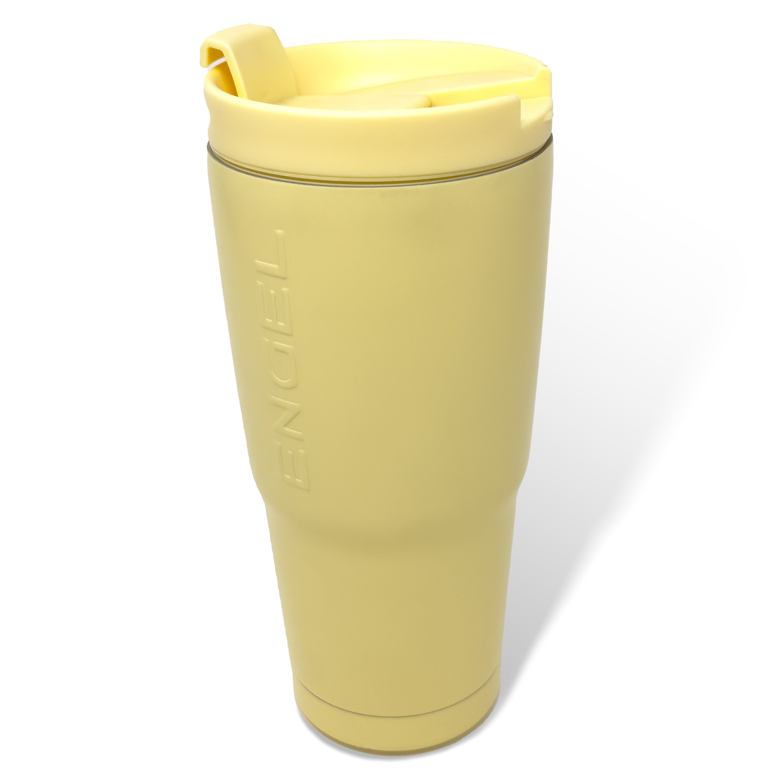 A tall, light yellow Engel 22oz Stainless Steel Vacuum Insulated Tumbler from the Color Collection, featuring a flip-top lid and handle, with "Engel Coolers" embossed on the side. Crafted to maintain your drinks at the perfect temperature.