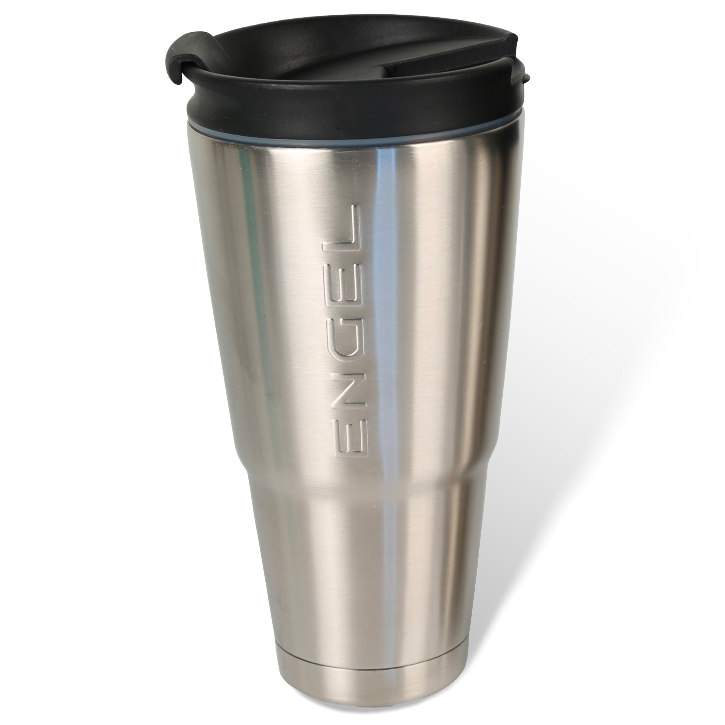 The Engel 22oz Stainless Steel Vacuum Insulated Tumbler, produced by Engel Coolers, features a black lid and a liquid-tight seal with the "ENGEL" branding prominently displayed on the side.