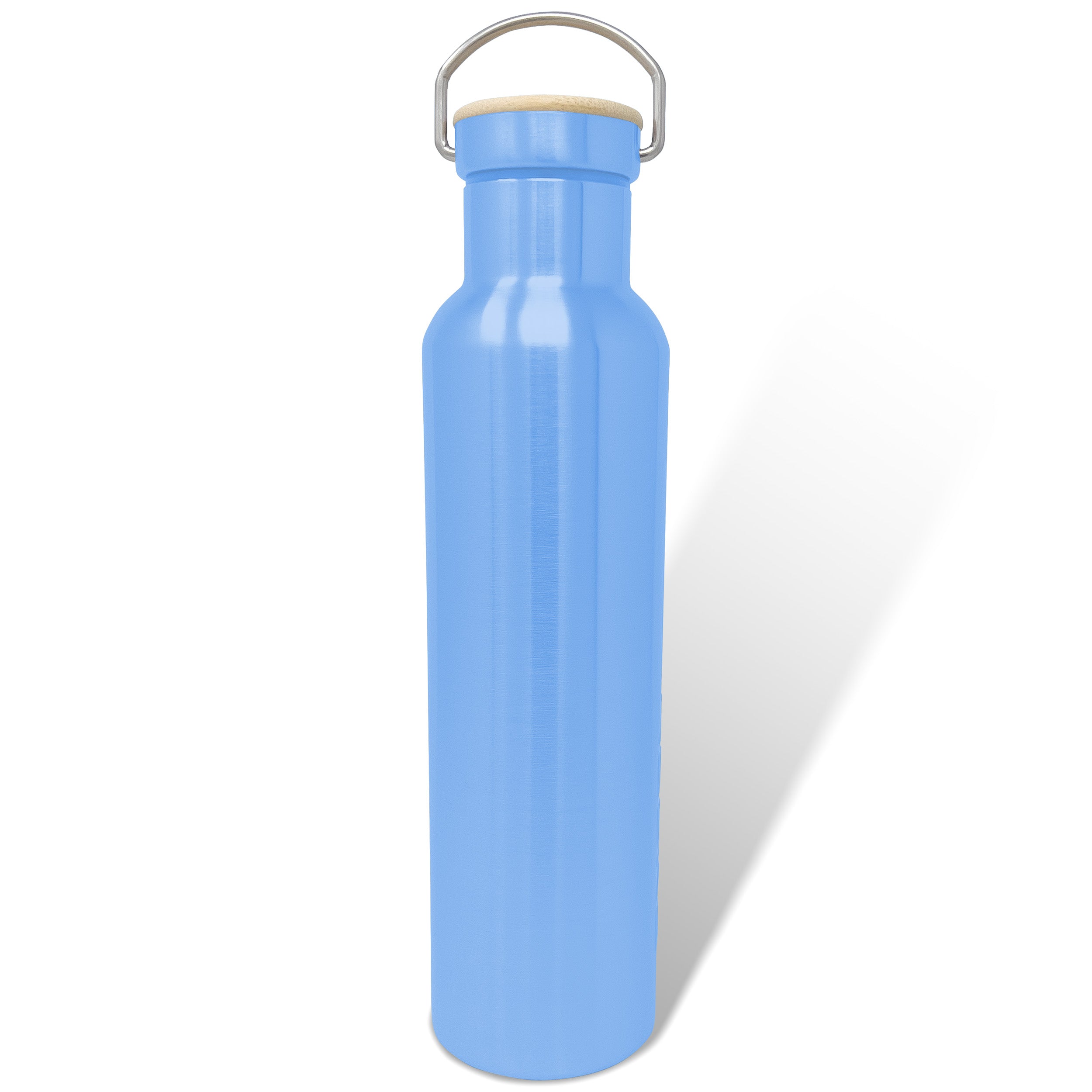 The Engel Coolers 25oz Stainless Steel Vacuum Insulated Water Bottle from the Color Collection showcases a stylish blue exterior with a wooden lid and metal handle. Made from high-quality food-grade stainless steel, it features double-wall vacuum insulation to maintain your drinks at the ideal temperature.