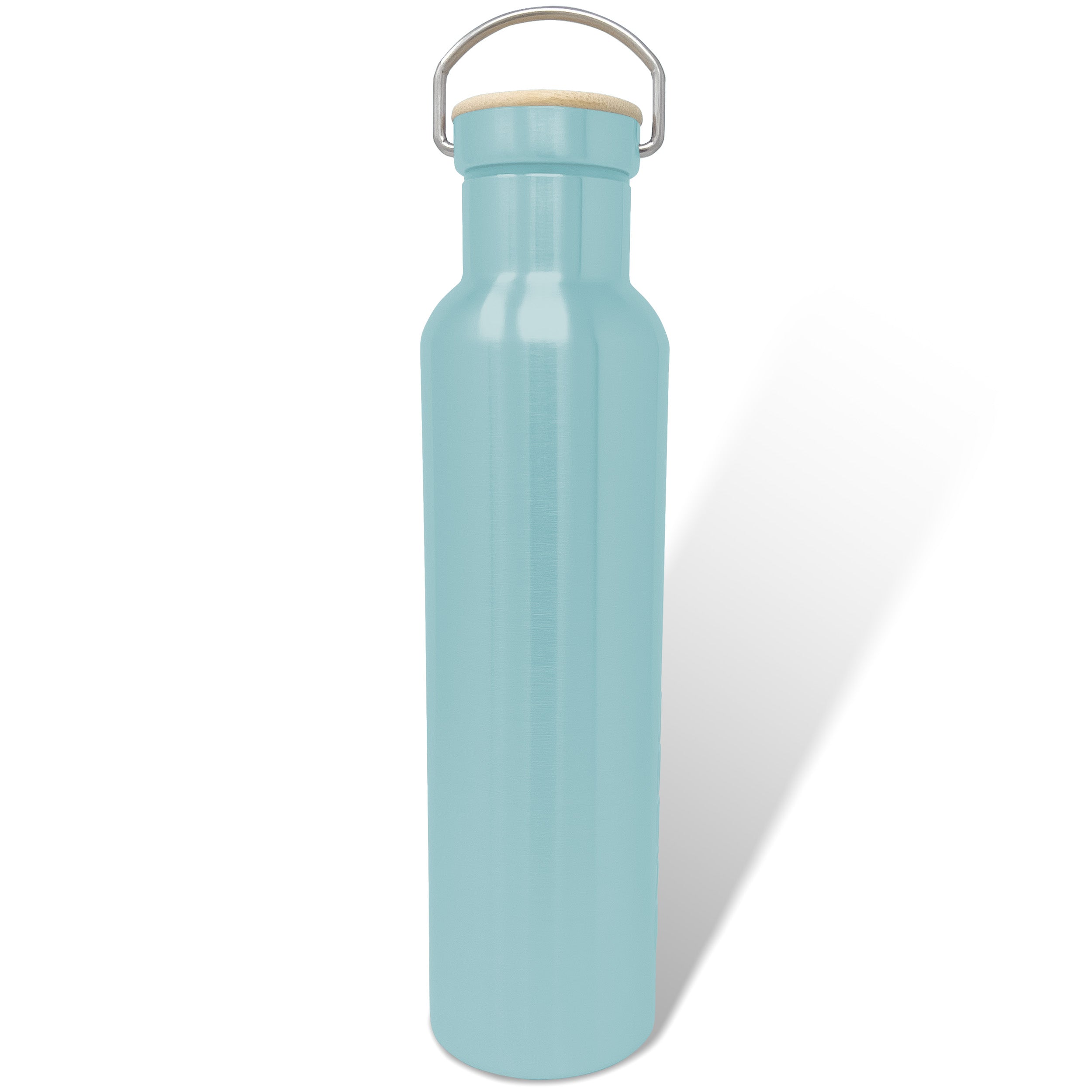 The Engel Coolers 25oz Stainless Steel Vacuum Insulated Water Bottle from the Color Collection showcases a tall, light blue design with premium food-grade quality. It features a wooden lid and metal handle, while its double-wall vacuum insulation keeps your beverages at the ideal temperature, combining functionality with style.