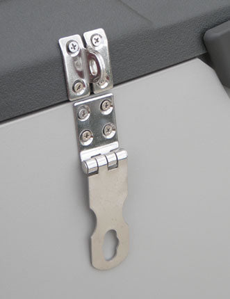 A metal hinge and Engel Locking Hasp on a grey Engel Coolers fridge-freezer surface.