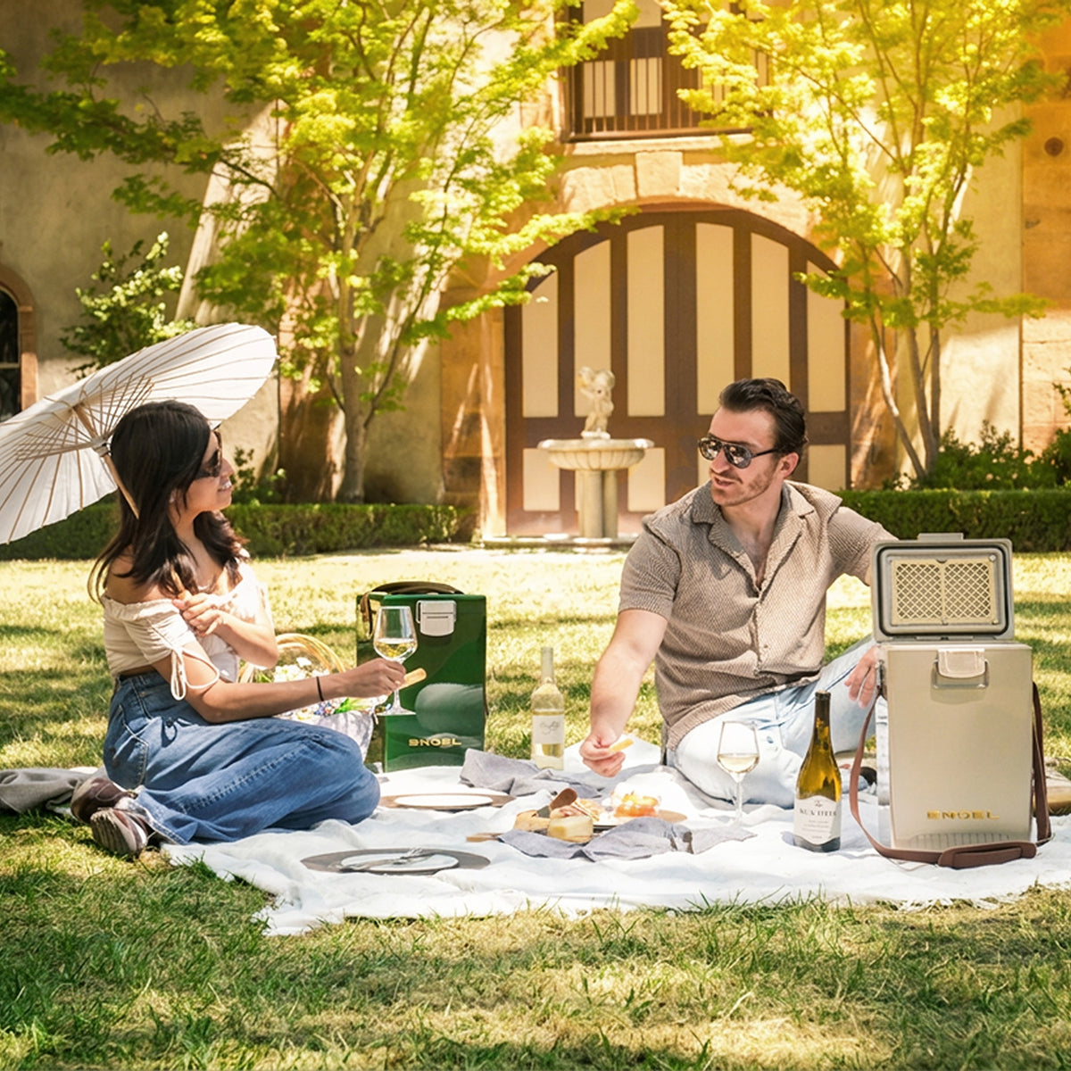 A man and woman having a picnic on a lawn with two Engel Reserve Premium Wine Cooler units and wine glasses.