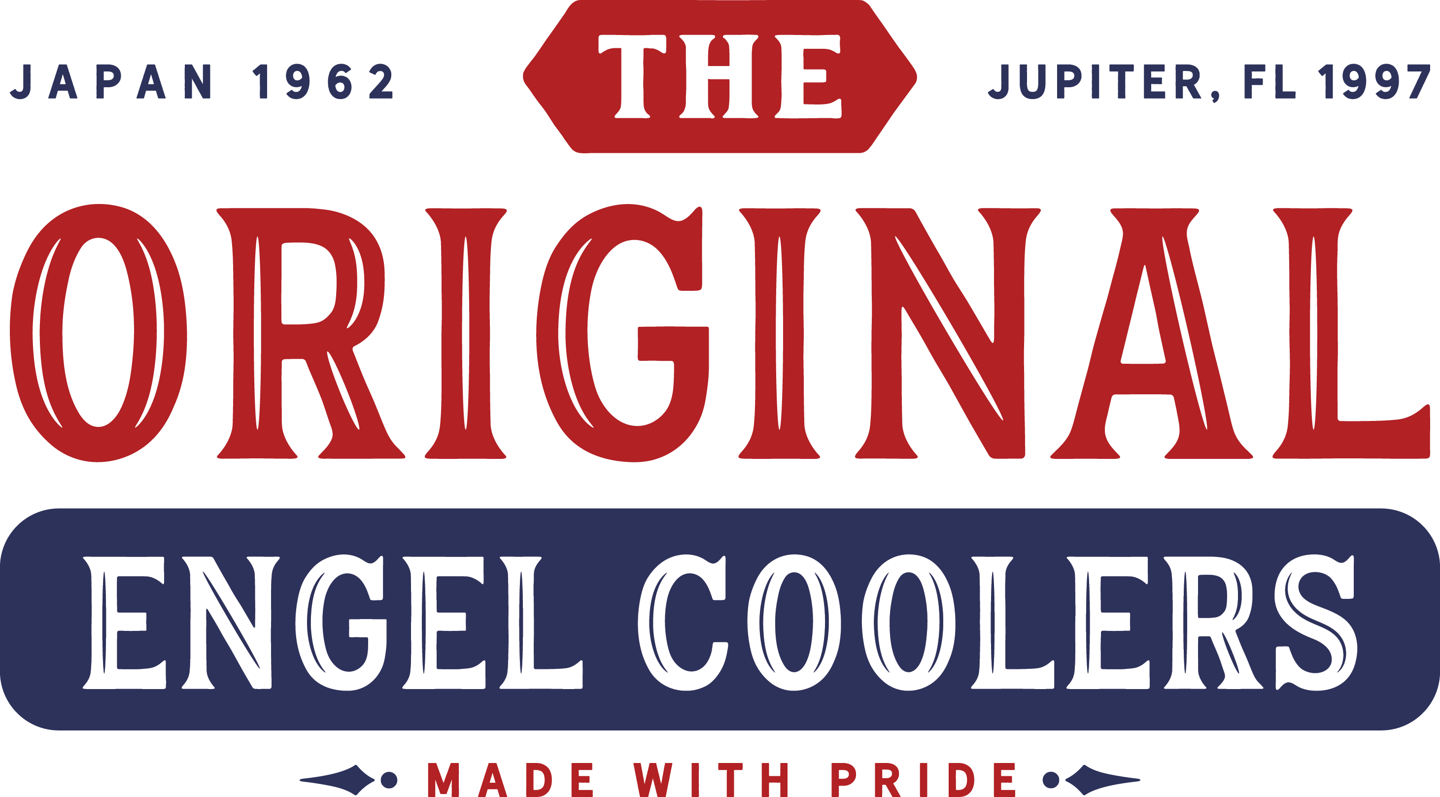 A vibrant graphic displaying the text "Japan 1962, The Original Engel Coolers, Jupiter, FL 1997, Made With Pride" in red and blue. Perfect as a removable window decal to showcase your pride in Engel Coolers' legacy.