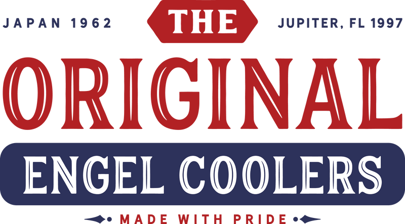 A vibrant graphic displaying the text "Japan 1962, The Original Engel Coolers, Jupiter, FL 1997, Made With Pride" in red and blue. Perfect as a removable window decal to showcase your pride in Engel Coolers' legacy.