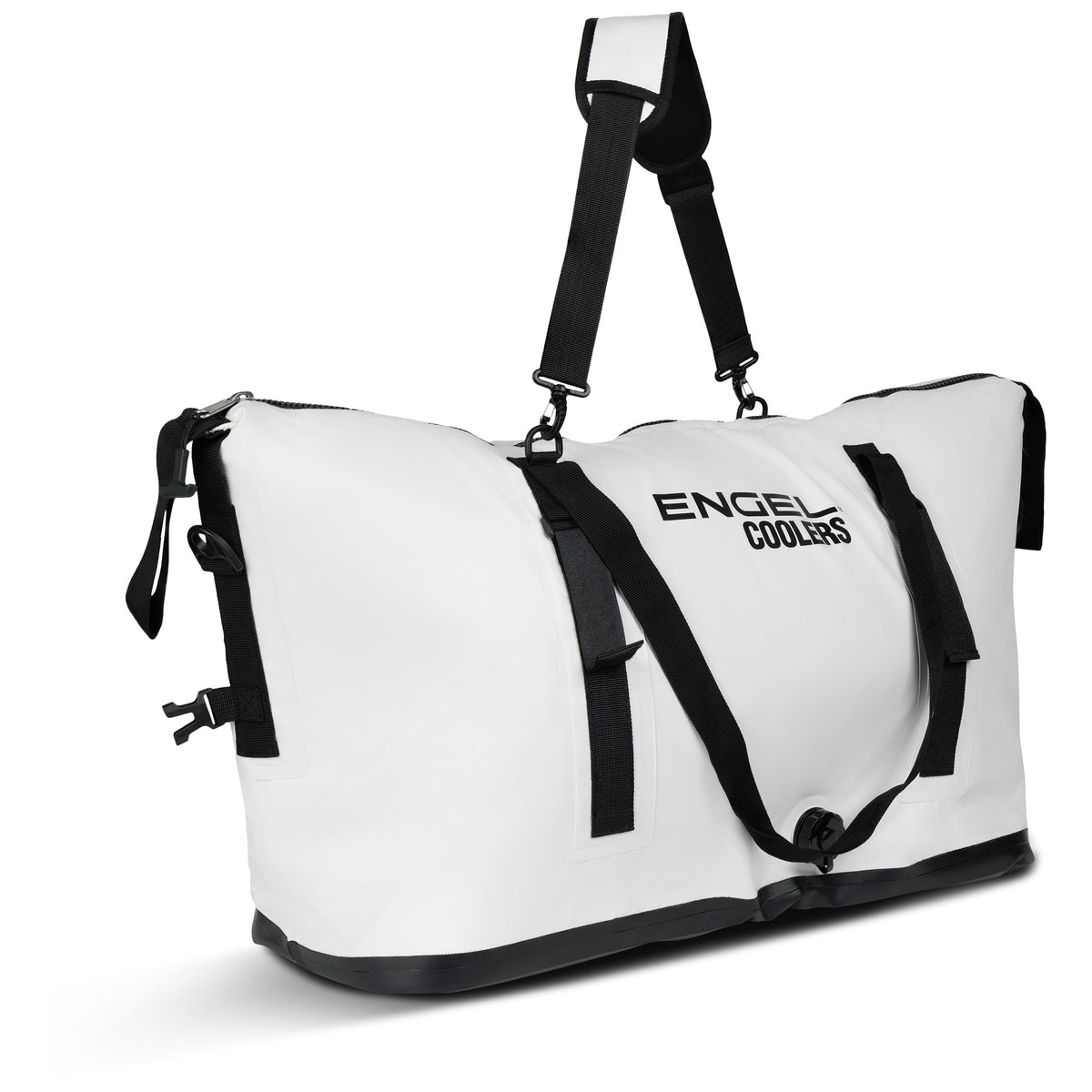 Engel Insulated Kill / Fish Bag with Reflective Foil Liner, a white rectangular insulated bag with black trim, handles, a shoulder strap, and a reflective foil liner.