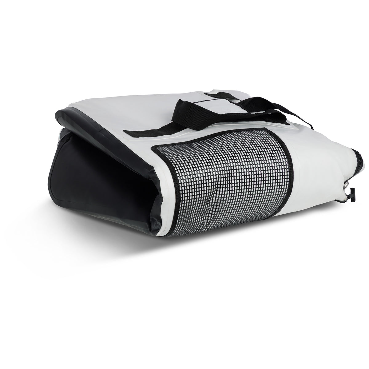 Black and white Engel Insulated Kill / Fish Bag with Reflective Foil Liner, featuring a reflective foil interior, mesh pocket, and carrying handles.