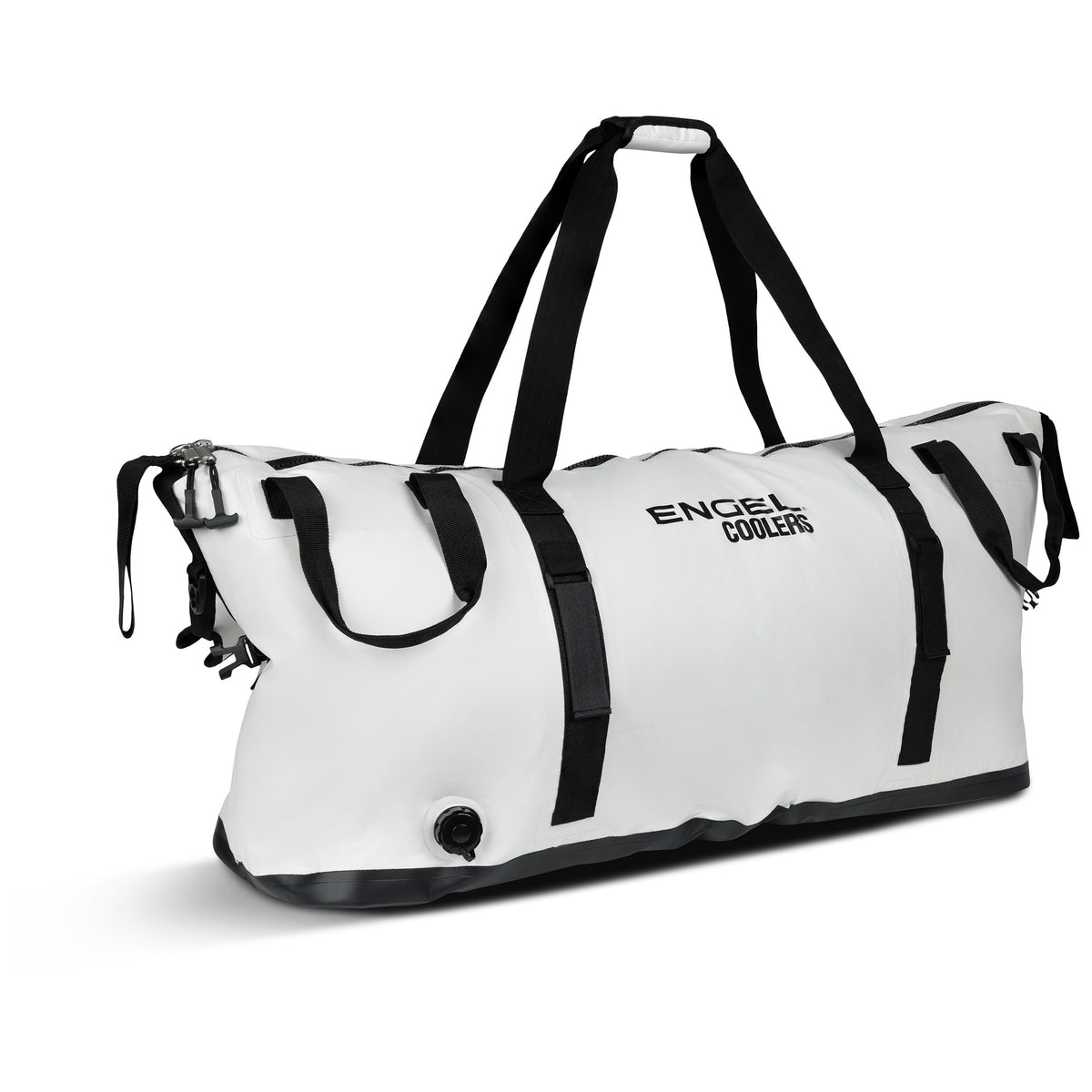 Engel Insulated Kill / Fish Bag with Reflective Foil Liner featuring black straps, zippers, and a drainage valve.