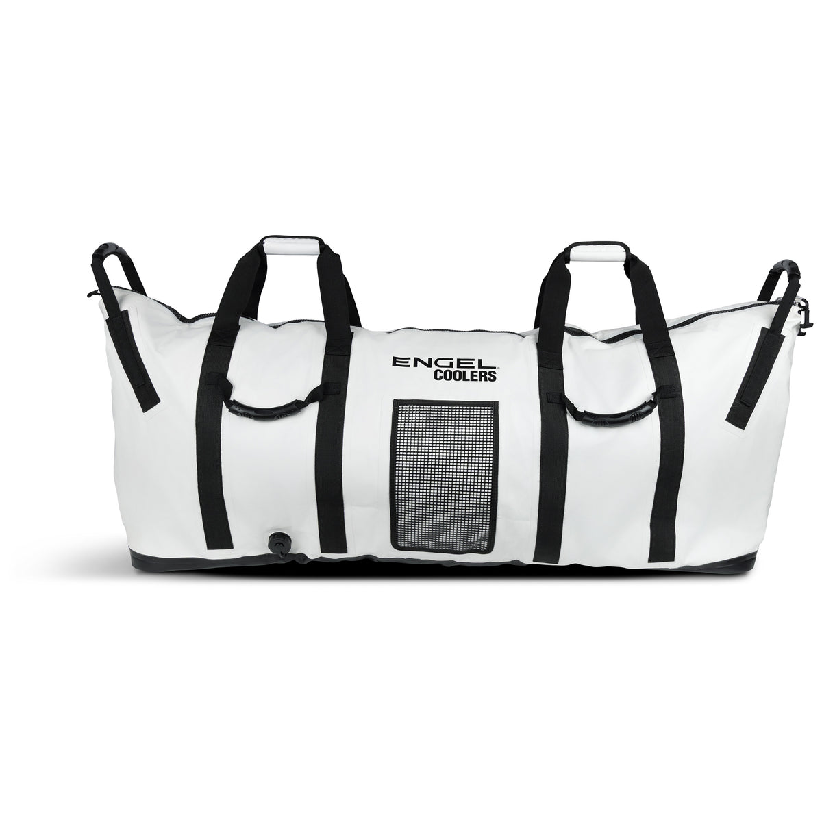 Engel Insulated Kill / Fish Bag with Reflective Foil Liner, featuring a white exterior with black trim, carry handles, and a center drain valve.