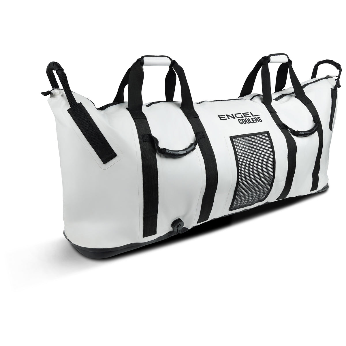 Large white rectangular Engel Insulated Kill / Fish Bag with black carrying straps, side handles, and a front mesh pocket.