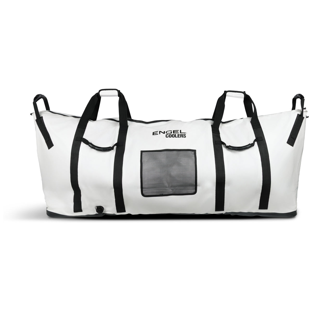 White Engel Insulated Kill / Fish Bag with Reflective Foil Liner, featuring black webbing straps, handles, and a drain plug.