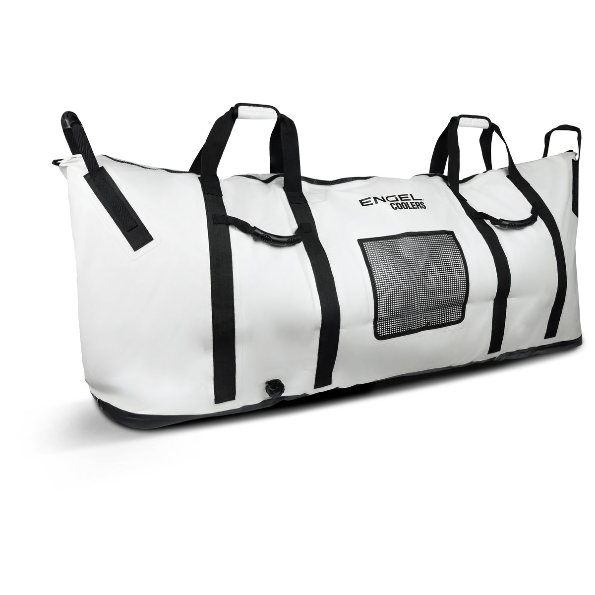 White, elongated Engel Insulated Kill / Fish Bag with Reflective Foil Liner, featuring black straps, handles, and a side mesh pocket.