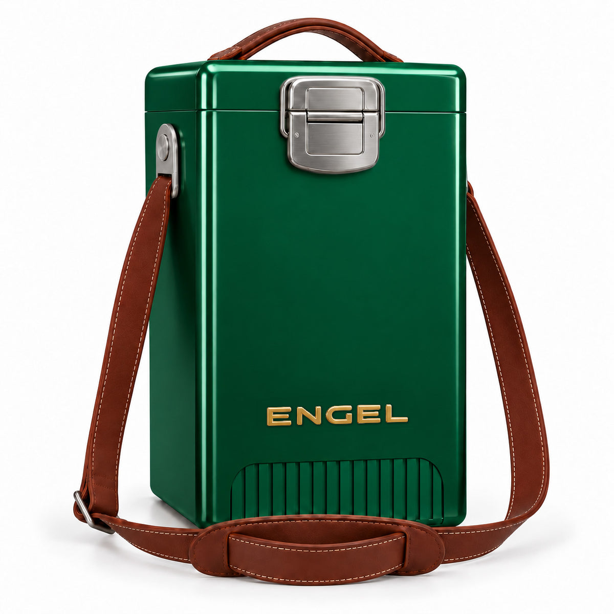 The Engel Reserve Premium Wine Cooler is a tall green insulated cooler with silver latch, full-grain leather handle and strap, and “ENGEL” in gold on the front.