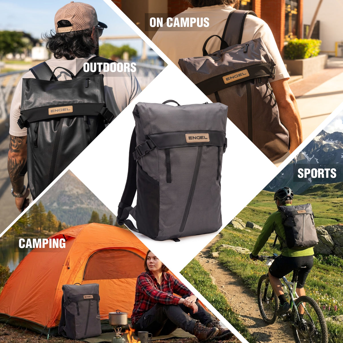 Collage featuring the ENGEL GoBag 20 Qt Backpack Day Bag in gray, highlighting its waterproof design for outdoor adventures, campus use, camping trips, and sports activities. The images show people biking, relaxing by a tent, and walking with the backpack, with a central product image of the ENGEL GoBag 20 Qt.