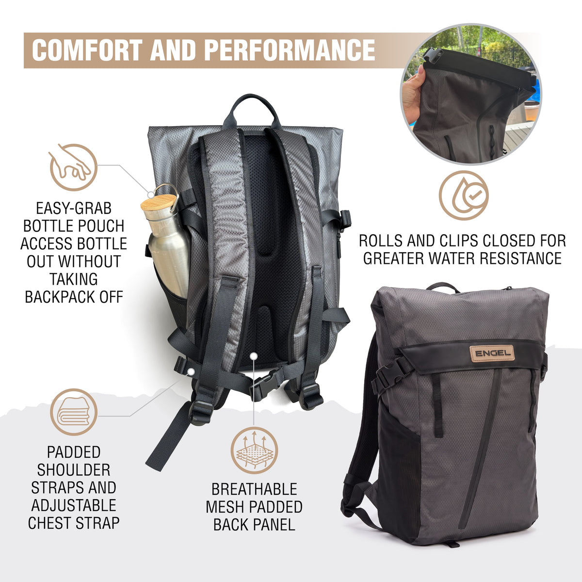 The ENGEL GoBag 20 Qt Backpack Day Bag is shown here in gray, featuring padded straps, a chest strap, mesh back panel, side bottle pouch, and roll-top closure for enhanced comfort and water resistance. This ultra-light backpack from ENGEL is built for durability and versatility on any adventure.