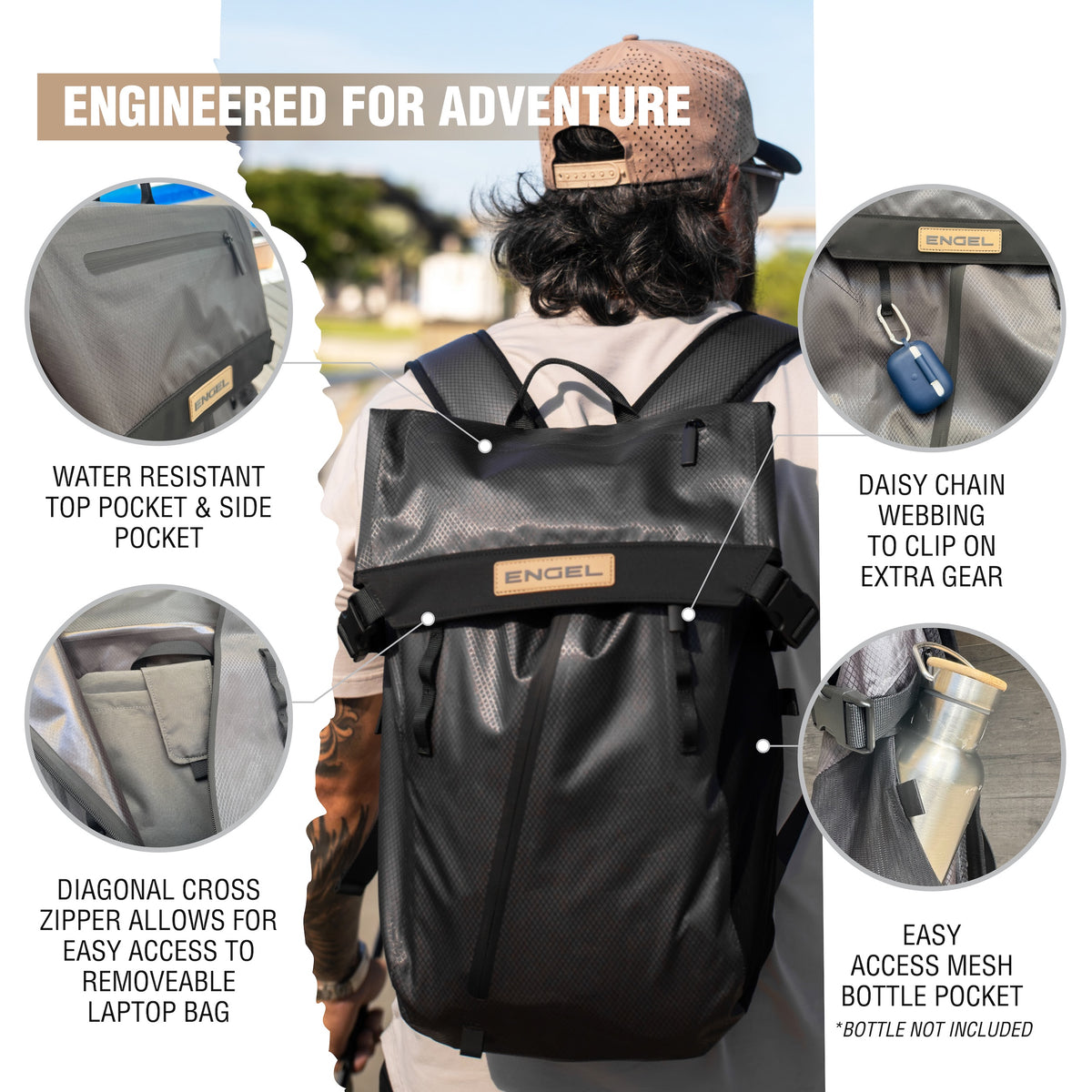 A man wearing a gray ENGEL GoBag 20 Qt Backpack Day Bag outdoors; annotated callouts highlight features such as water resistance, daisy chain webbing, a cross zipper, and an easy-access mesh bottle pocket.