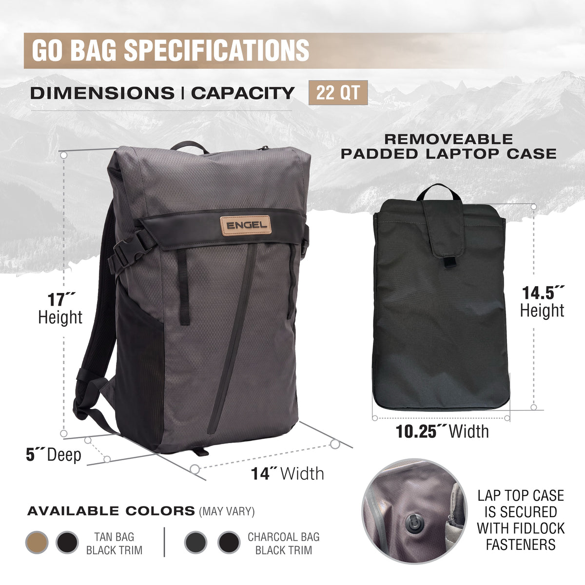 The ENGEL Engel GoBag 20 Qt Backpack Day Bag is a gray ultra-light backpack with black trim, measuring 17″H x 14″W x 5″D, offering a 22 qt capacity and featuring a removable padded laptop case (14.5″H x 10.25″W) secured with Fidlock fasteners.