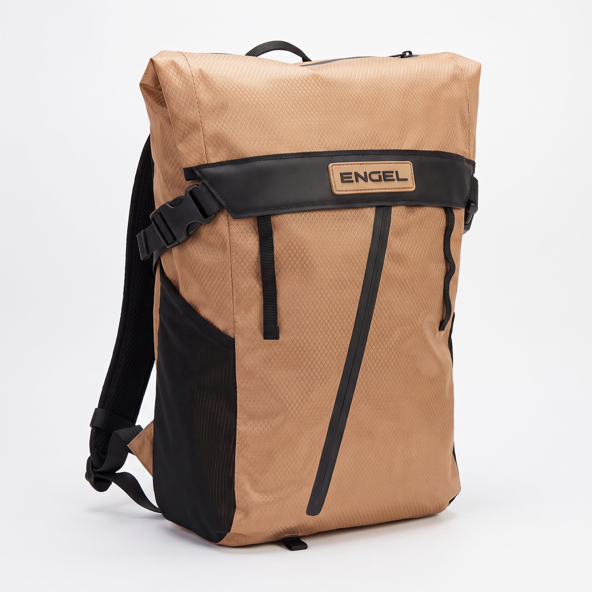 The ENGEL GoBag 20 Qt Waterproof Backpack, shown in tan and black with a front zipper, side pockets, and an “ENGEL” label on the front, is displayed against a plain white background.