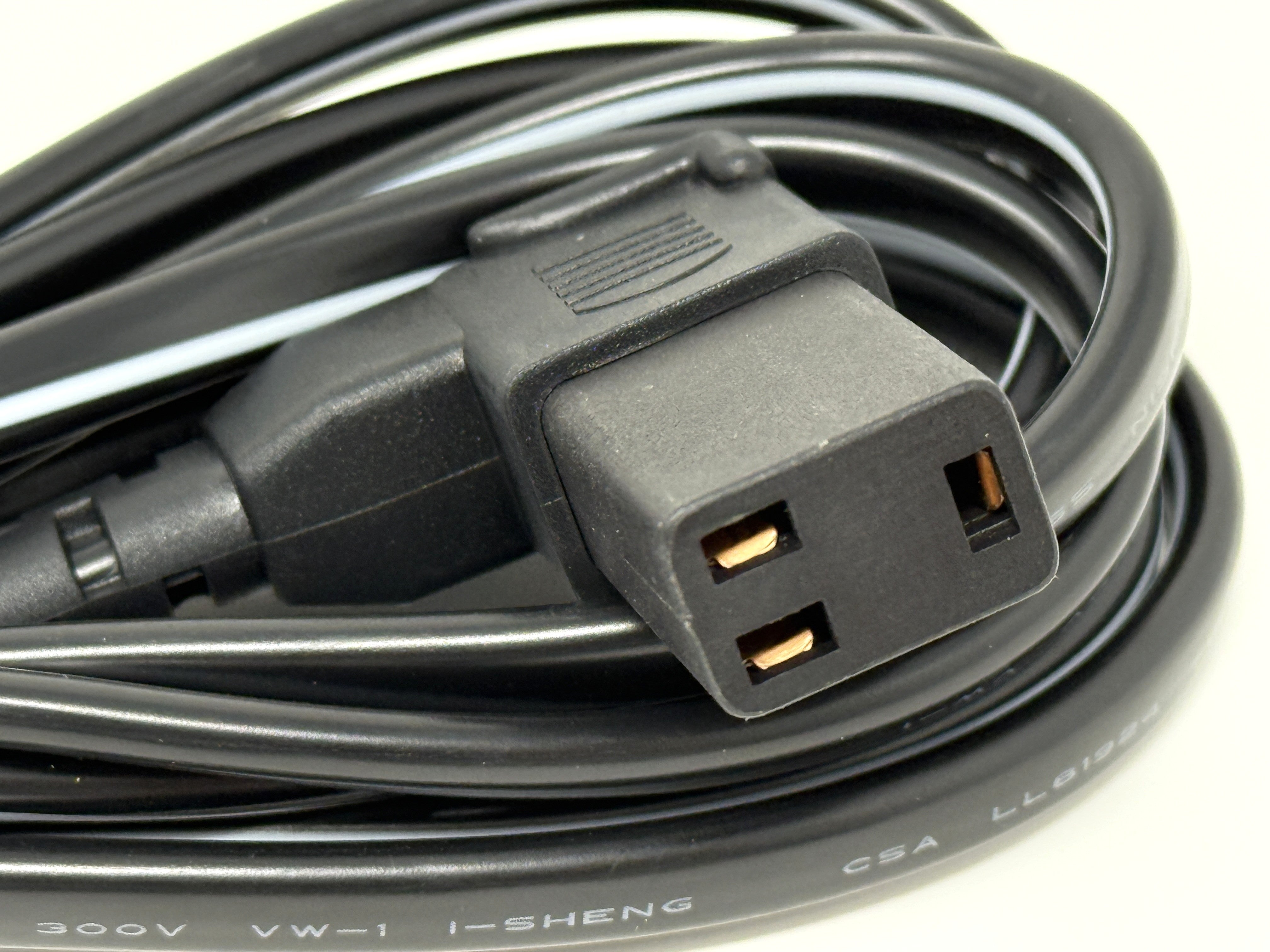 Close-up of an Engel Coolers DC Power Cord for Engel Fridge-Freezer, featuring a black IEC C13 connector with visible cable labeling and metal contacts.
