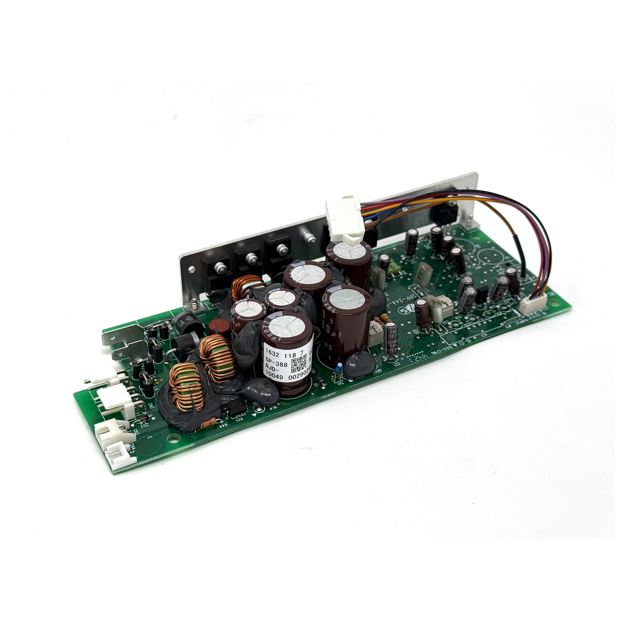 A green circuit board with capacitors, coils, heat sinks, and connectors—part of the ENGEL MHD13F-DM Power Supply—is shown against a white background.