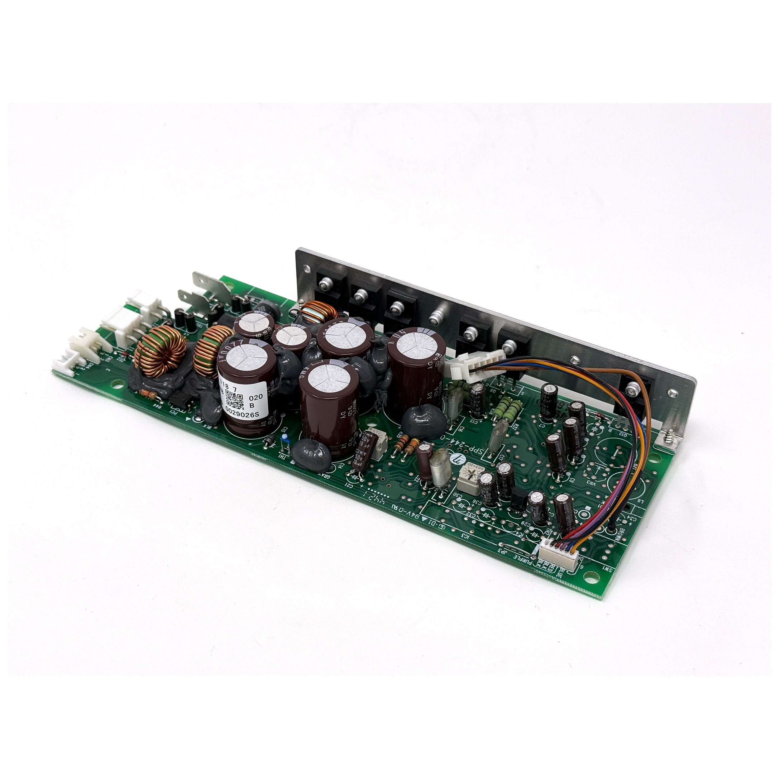 A green ENGEL MHD13F-DM Power Supply circuit board with capacitors, coils, and connectors is shown mounted on a white background.