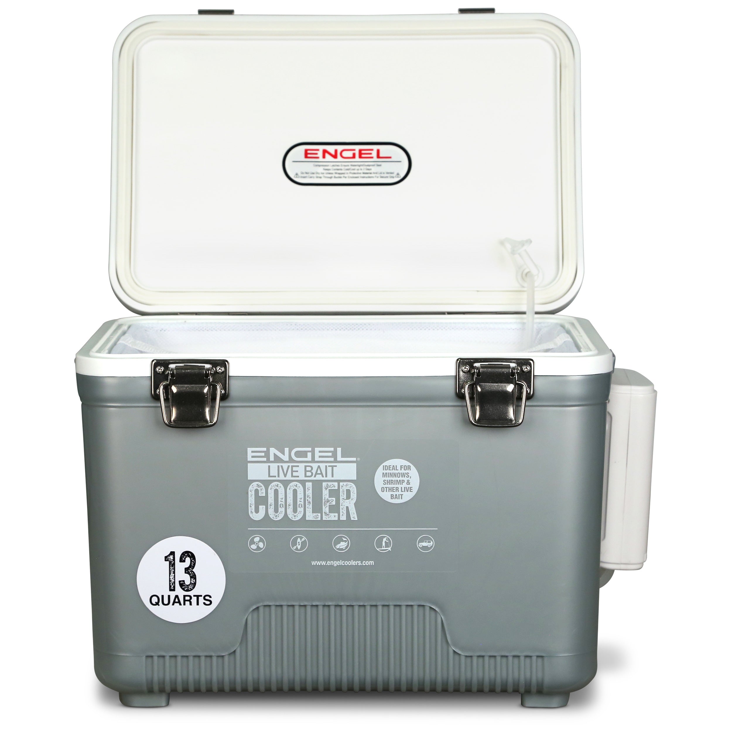 An Engel 13Qt Live bait Pro Cooler with AP3 Rechargeable Aerator & Stainless Hardware for use as a bait storage system.