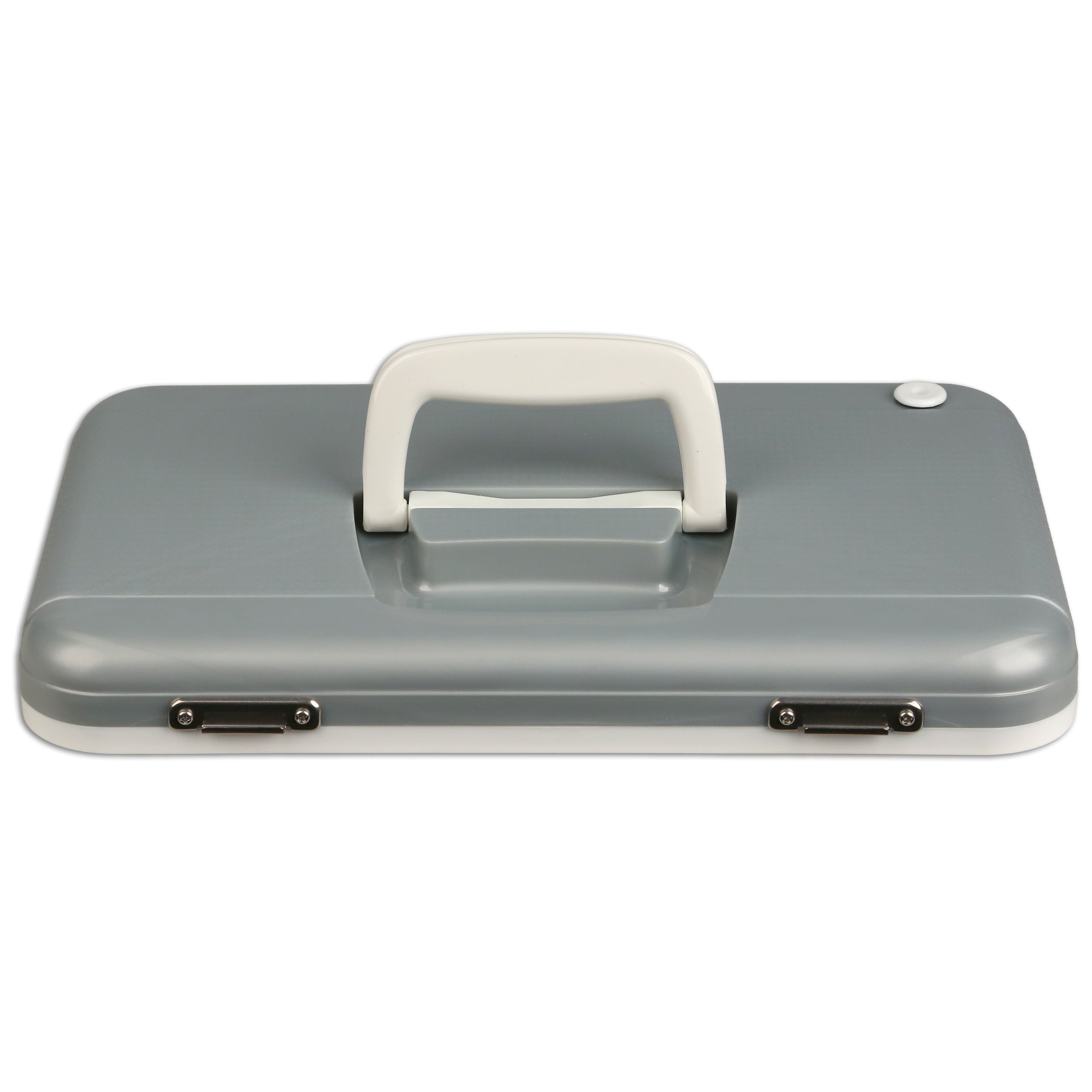 A closed, rectangular Engel Coolers Live Bait Drybox/Cooler Lids in gray and white, featuring a central handle and two front metal latches.
