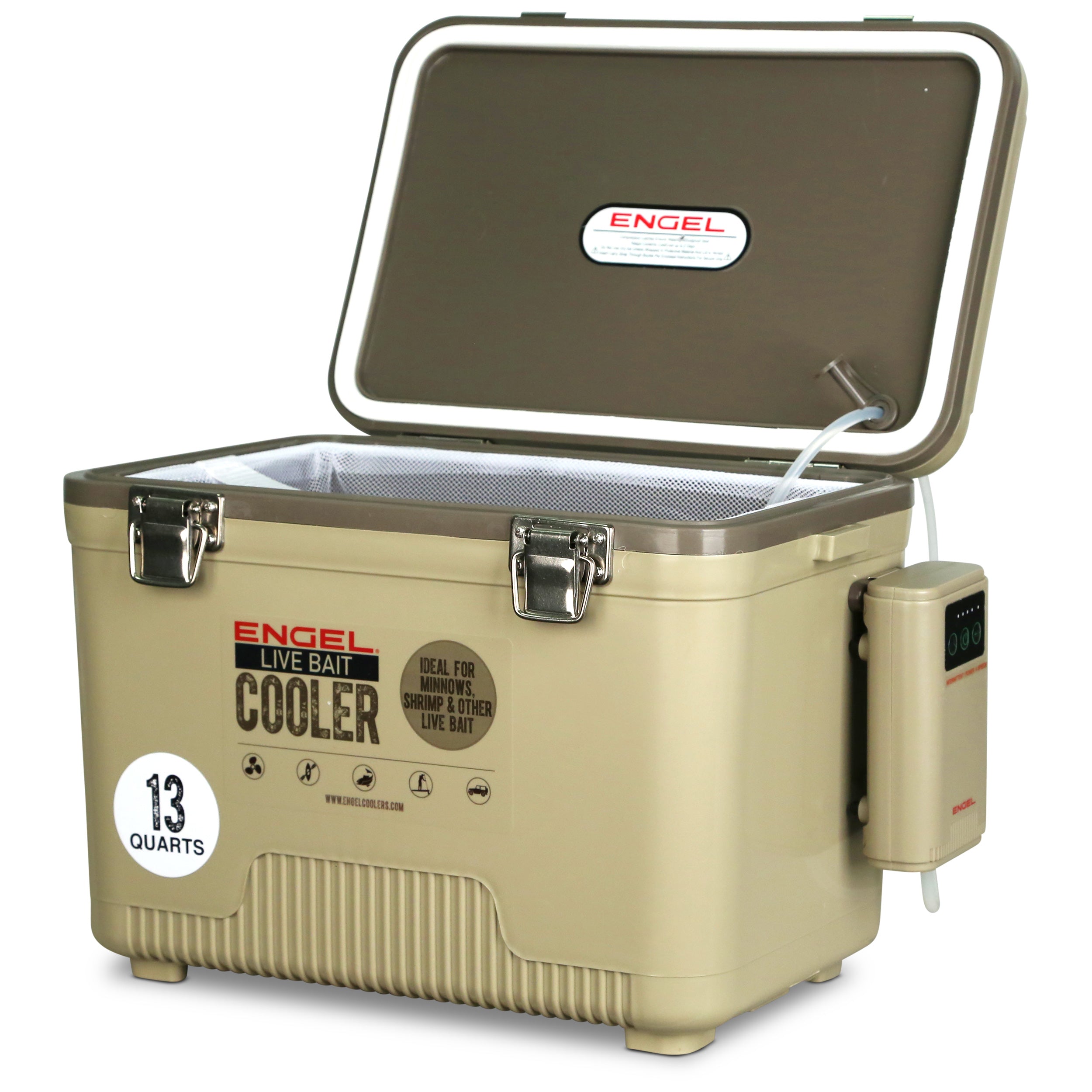 A Engel Coolers 13Qt Live bait Pro Cooler with AP3 Rechargeable Aerator & Stainless Hardware on a white background.