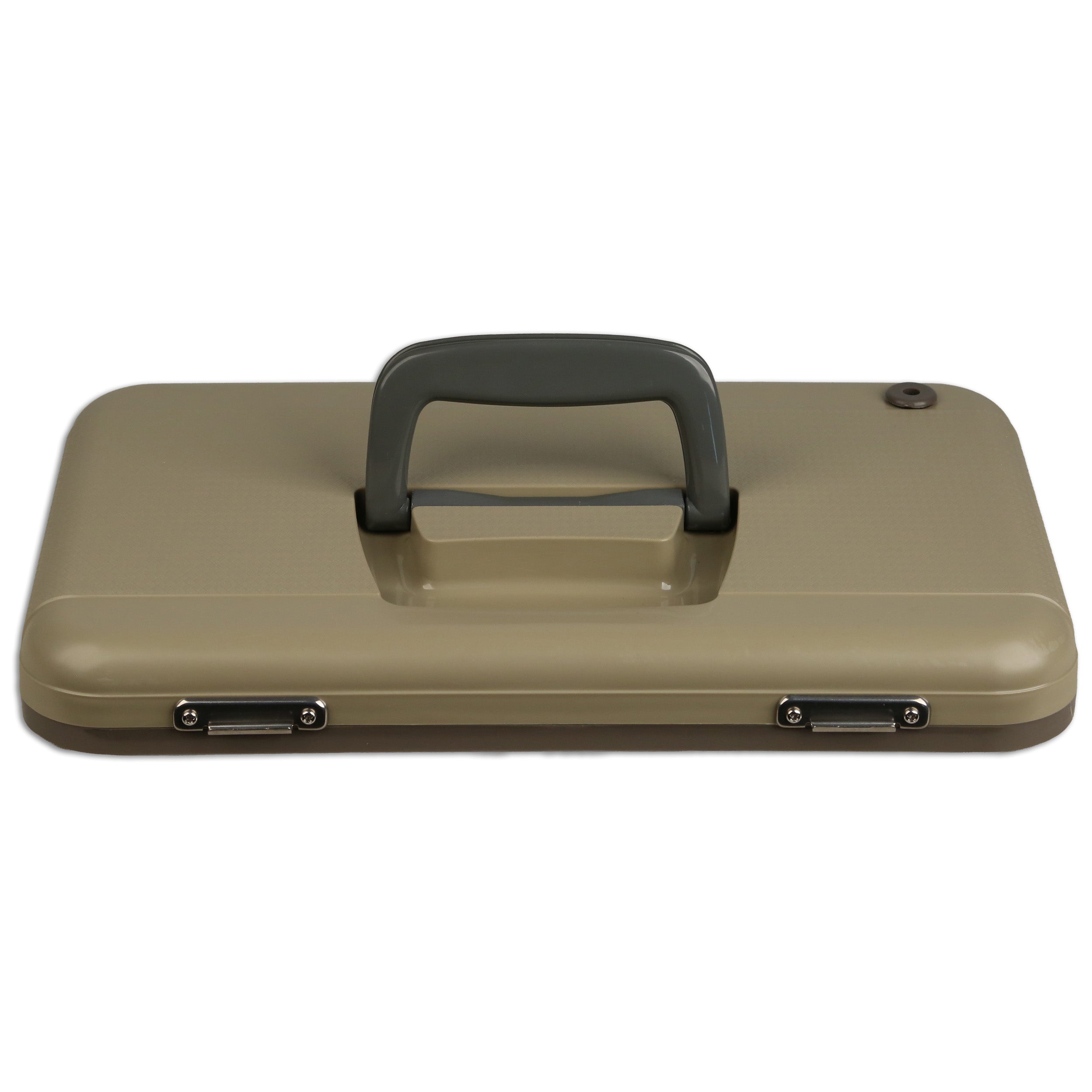 A closed, rectangular Engel Coolers Live Bait Drybox/Cooler with beige body, gray handle, and metal latches is shown on a white background.