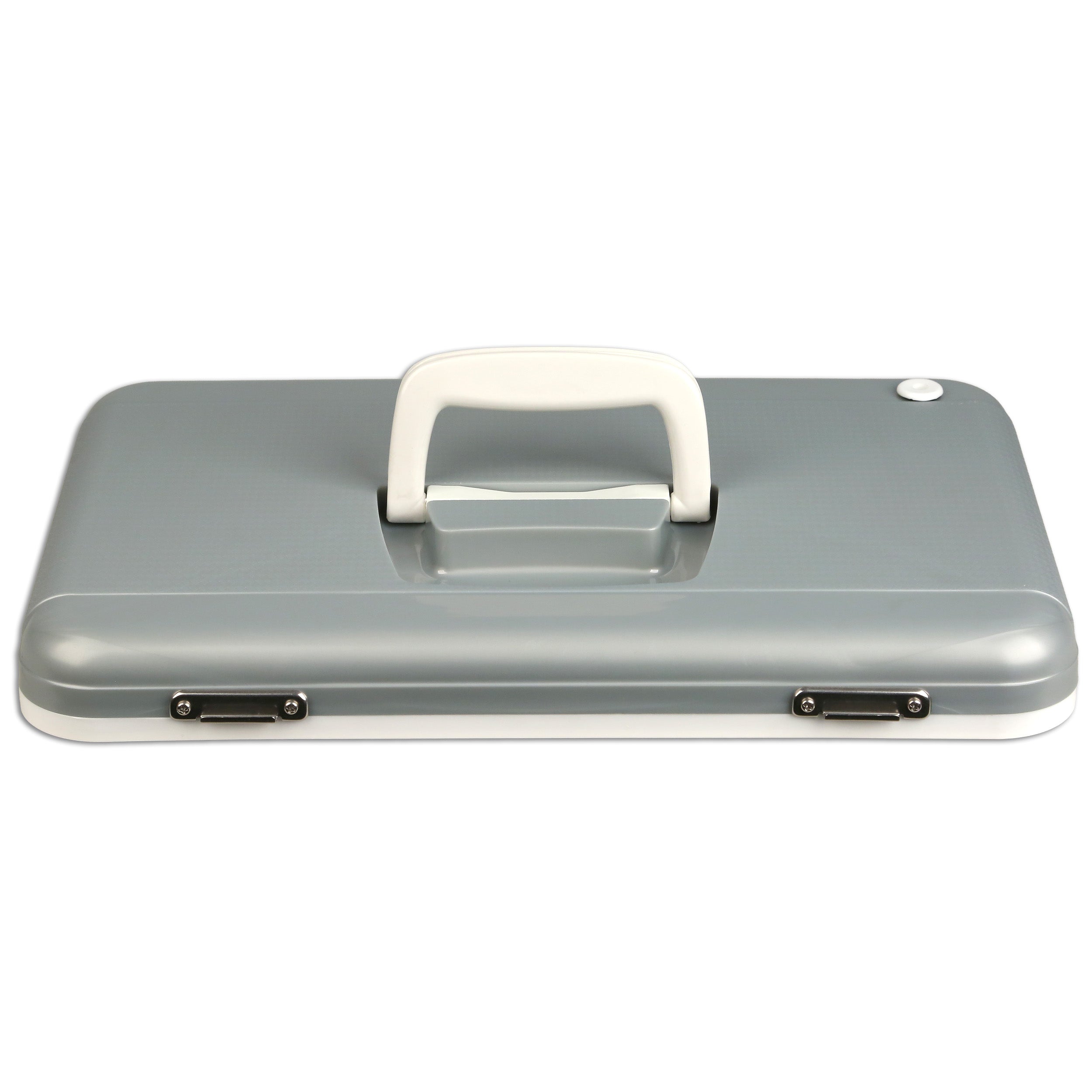 The Engel Coolers Live Bait Drybox/Cooler features a closed, rectangular gray and white design, top handle, front metal latches, and is compatible with Engel Live Bait Drybox/Cooler Lids for secure storage.