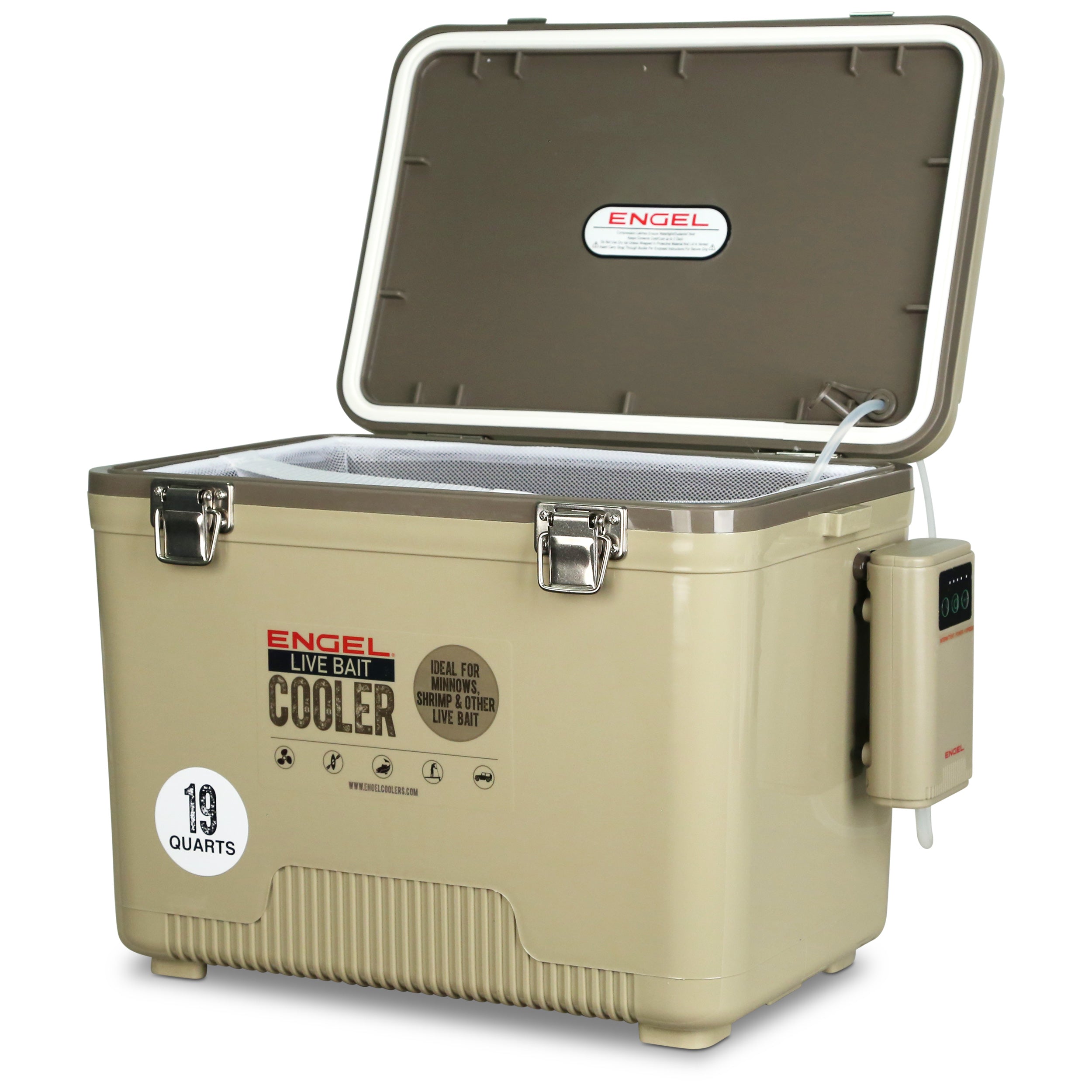 A tan Engel Coolers 19Qt Live bait Pro Cooler with AP3 Rechargeable Aerator & Stainless Hardware on a white background.