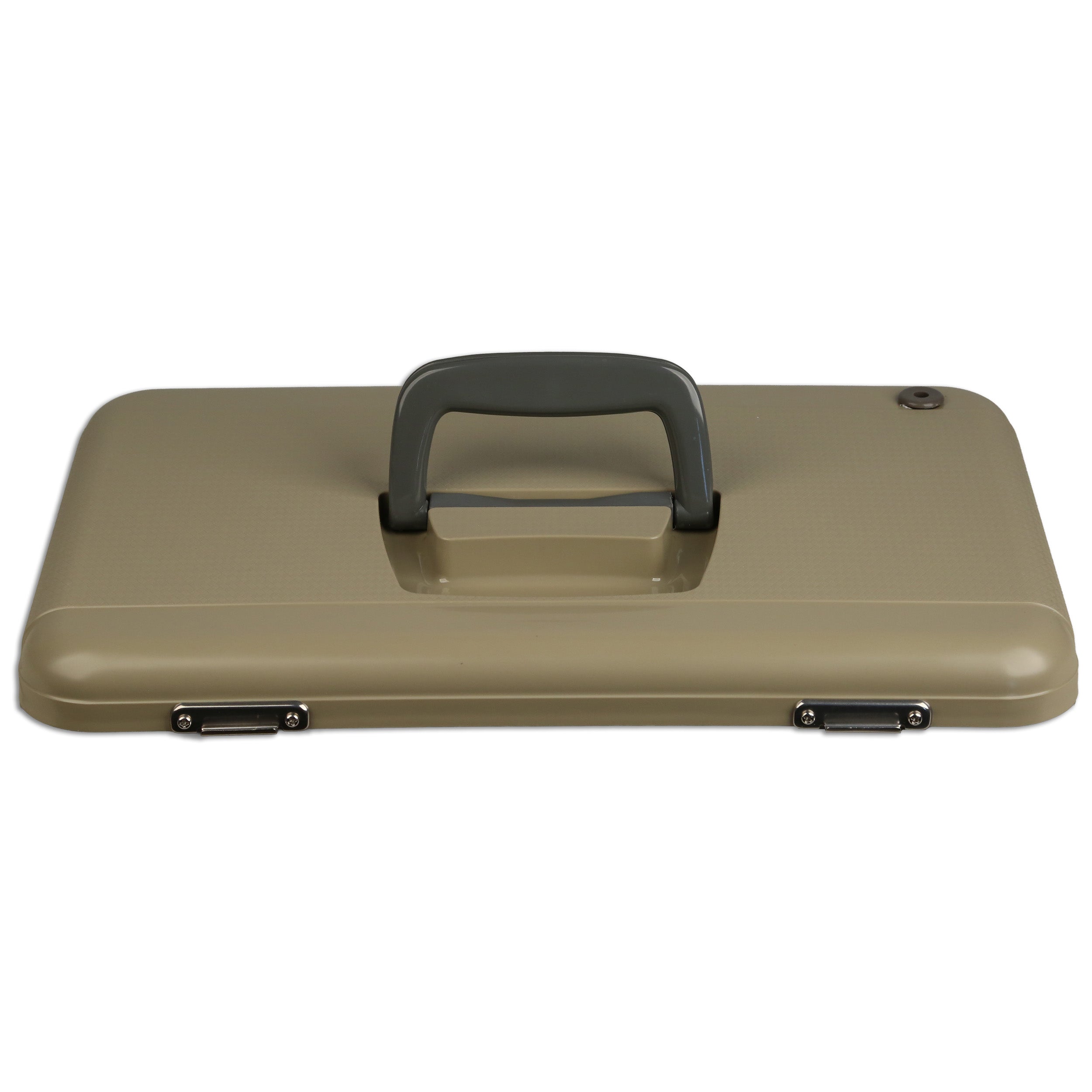 The Engel Coolers Live Bait Drybox/Cooler Lids, shown closed on a rectangular beige case with a black handle and two metal latches, are ideal for replacing lids or converting your cooler to a Drybox.