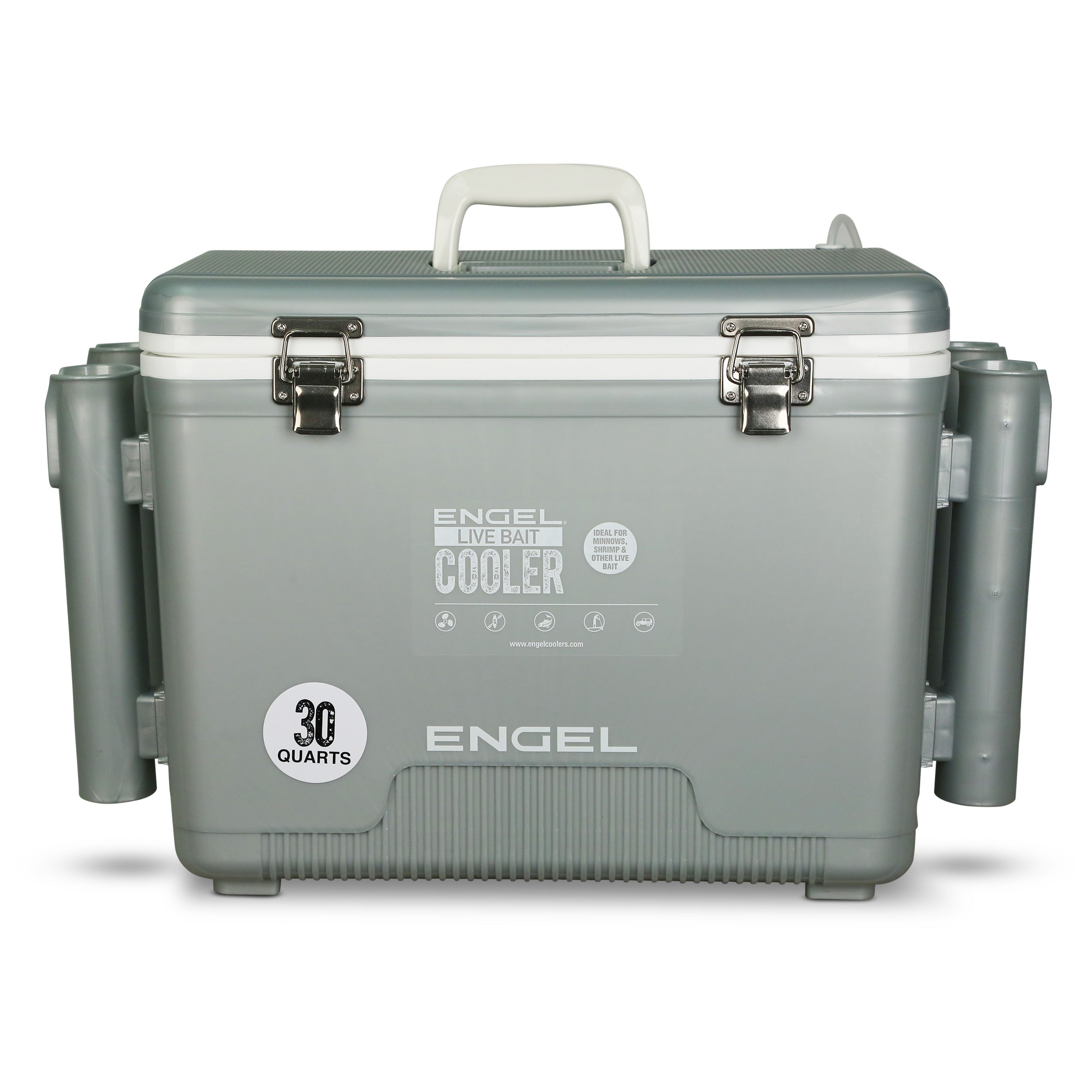 The Engel 30Qt Live bait Pro Cooler with AP4 XL Rechargeable Aerator, Rod Holders & Stainless Hardware is shown on a white background.