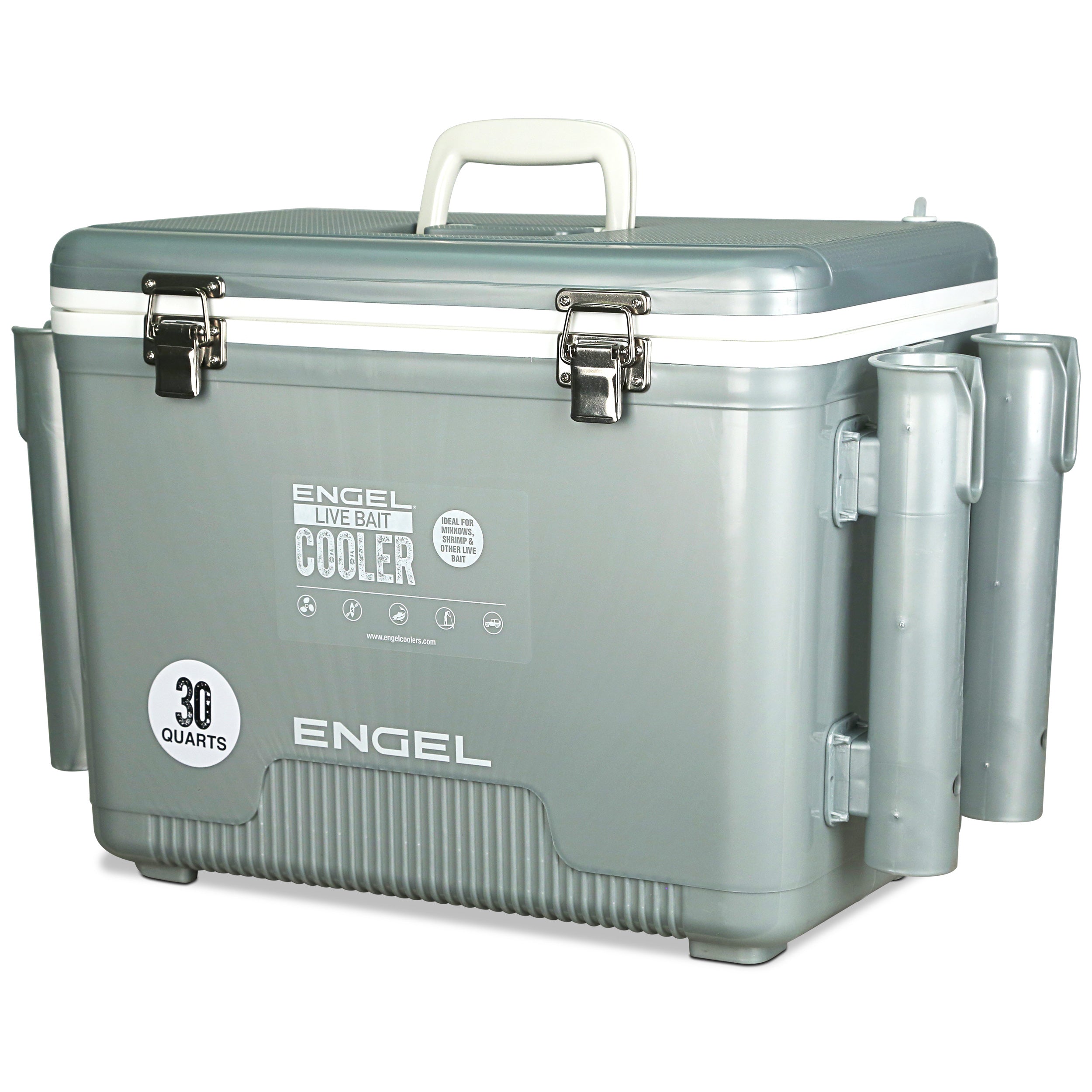 The Engel 30Qt Live Bait Pro cooler with AP4 XL Rechargeable Aerator, Rod Holders & Stainless Hardware has two handles on it.