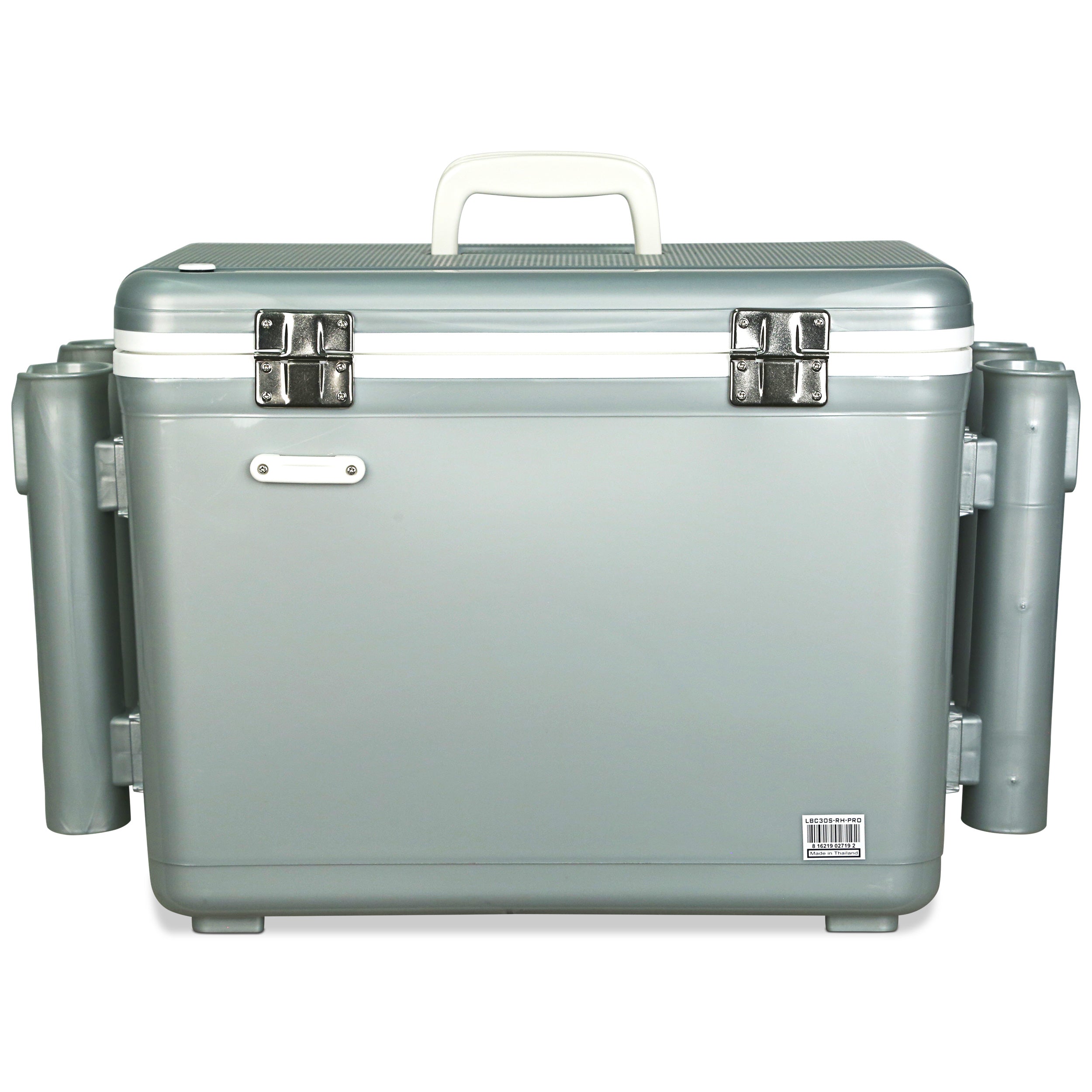 A grey Engel Coolers with two handles on it, designed for Live Bait Pro.